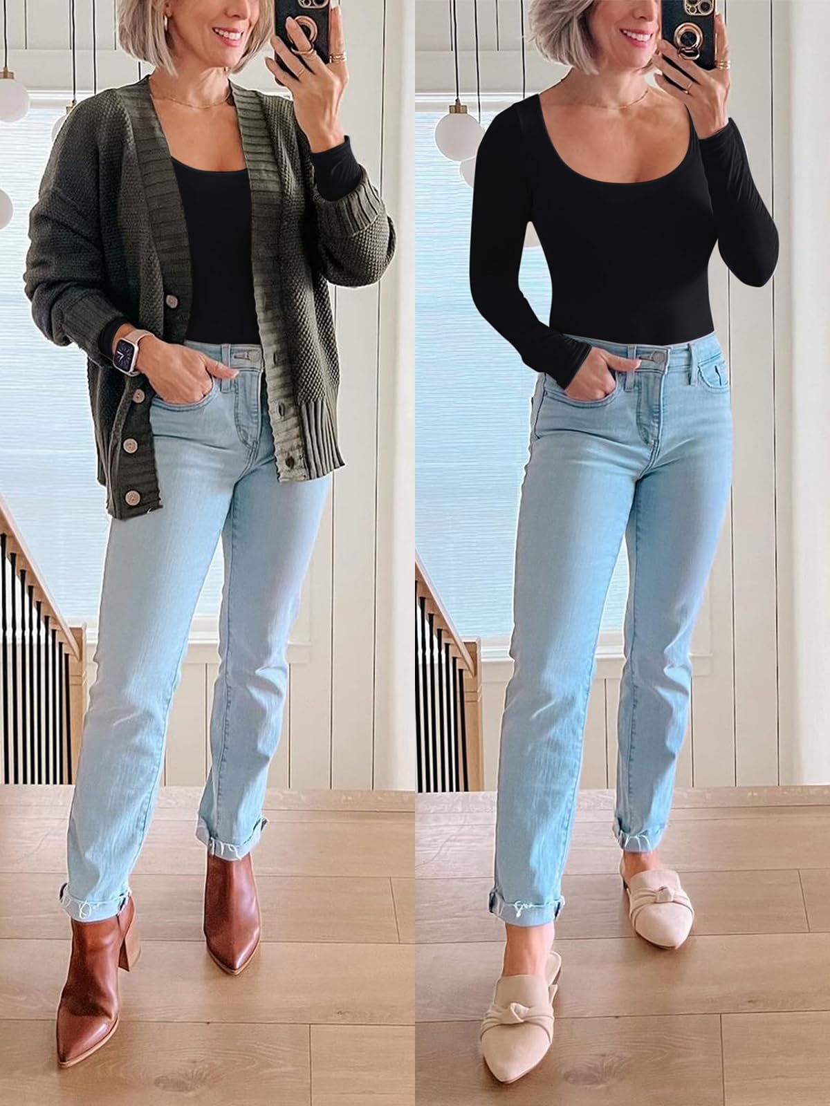 REORIA Womens Basic Sexy Scoop Neck Long Sleeve Leotards Fashion Fall Outfits Double Lined Layering Slim Soft Bodysuits Tops Black Small-