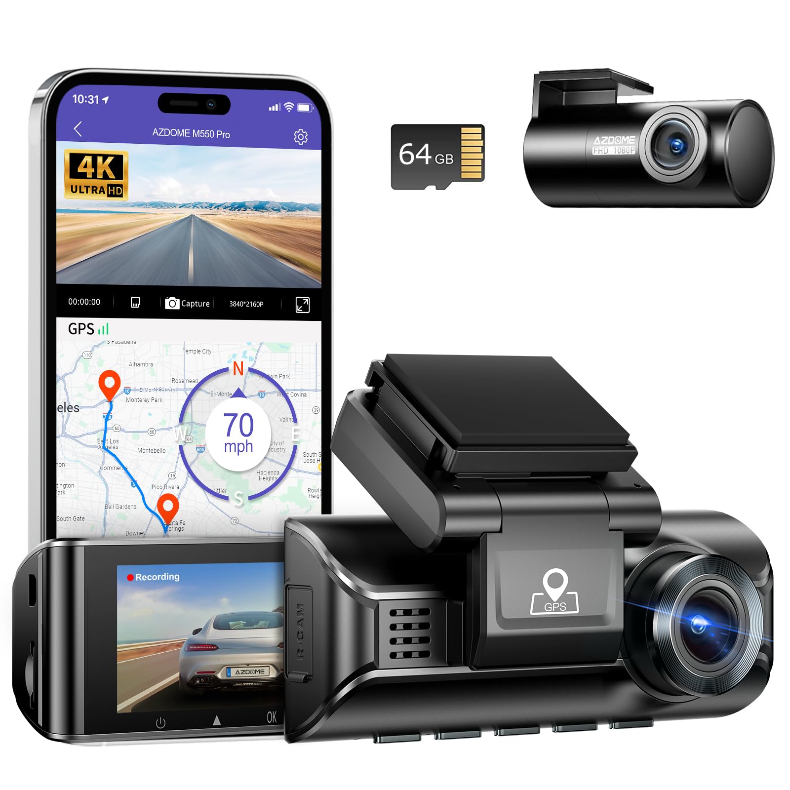 AZDOME M550 Pro 4K Dash Cam Front and Rear, Free 64GB Card, 5GHz Wi-Fi GPS Car Camera, 3.18'' IPS Screen Dashcam, APP Control 150° Wide Angle, WDR Night Vision, G-Sensor Parking Mode