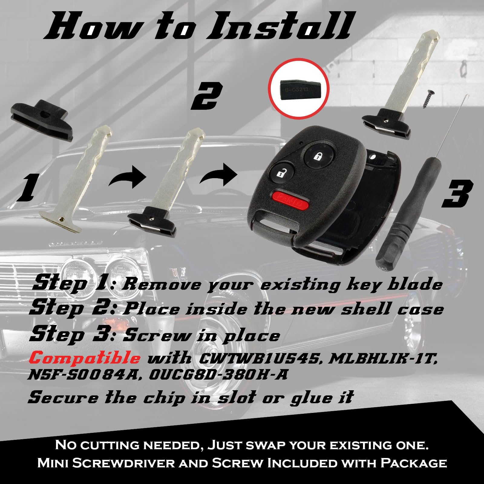 USA Remote CUTTING NOT REQUIRED - Key Fob Keyless Entry Remote Shell Case & Pad fits Honda Accord/Civic/CR-V/Fit/Odyssey/Pilot/Ridgeline/CR-Z