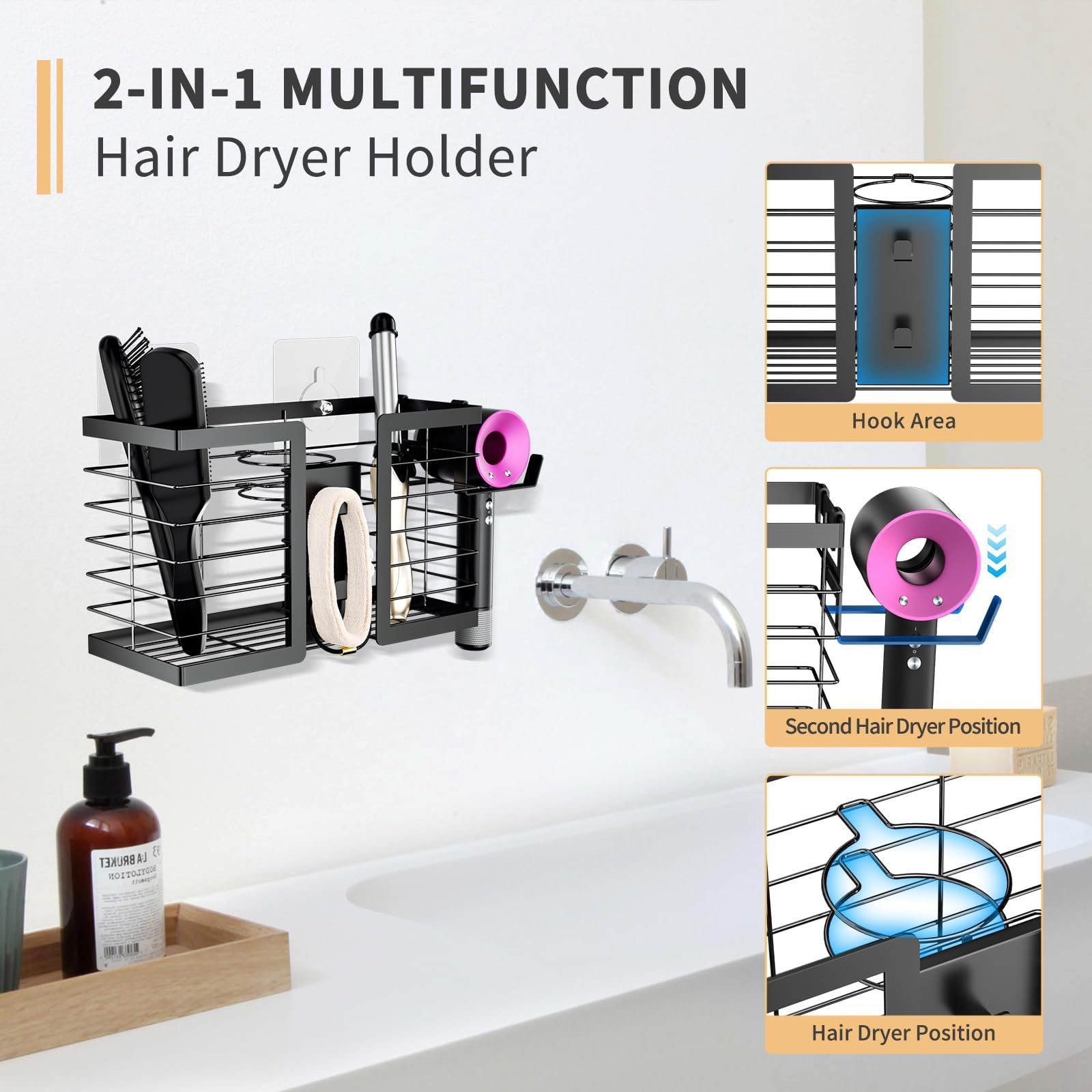 FUNKYLEE Hair Tool Organizer - Hair Dryer Holder, 3 in 1 Metal Bathroom Organizer Wall Mount for Flat Iron, Curling Iron, Straightener, Styling Tools Bathroom Storage and Organizer (Black)