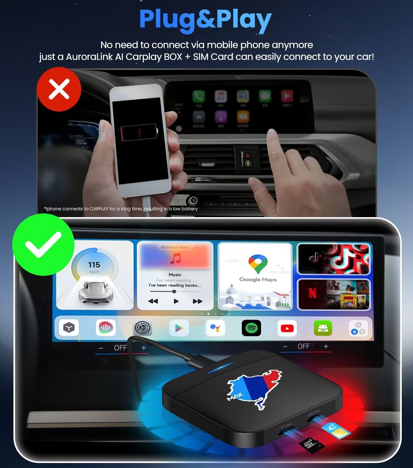 BMW Carplay AI Box 5.0, 2024 Newest Android 10.0 QCM 6125 8-Core 4+64GB Online YouTube/Netflix/Google Store, Support SIM&TF Card Exclusively for BMW1, 2, 3, 4, 5, 6, 7 Series, X1, X2, X3, X5, X6, X7