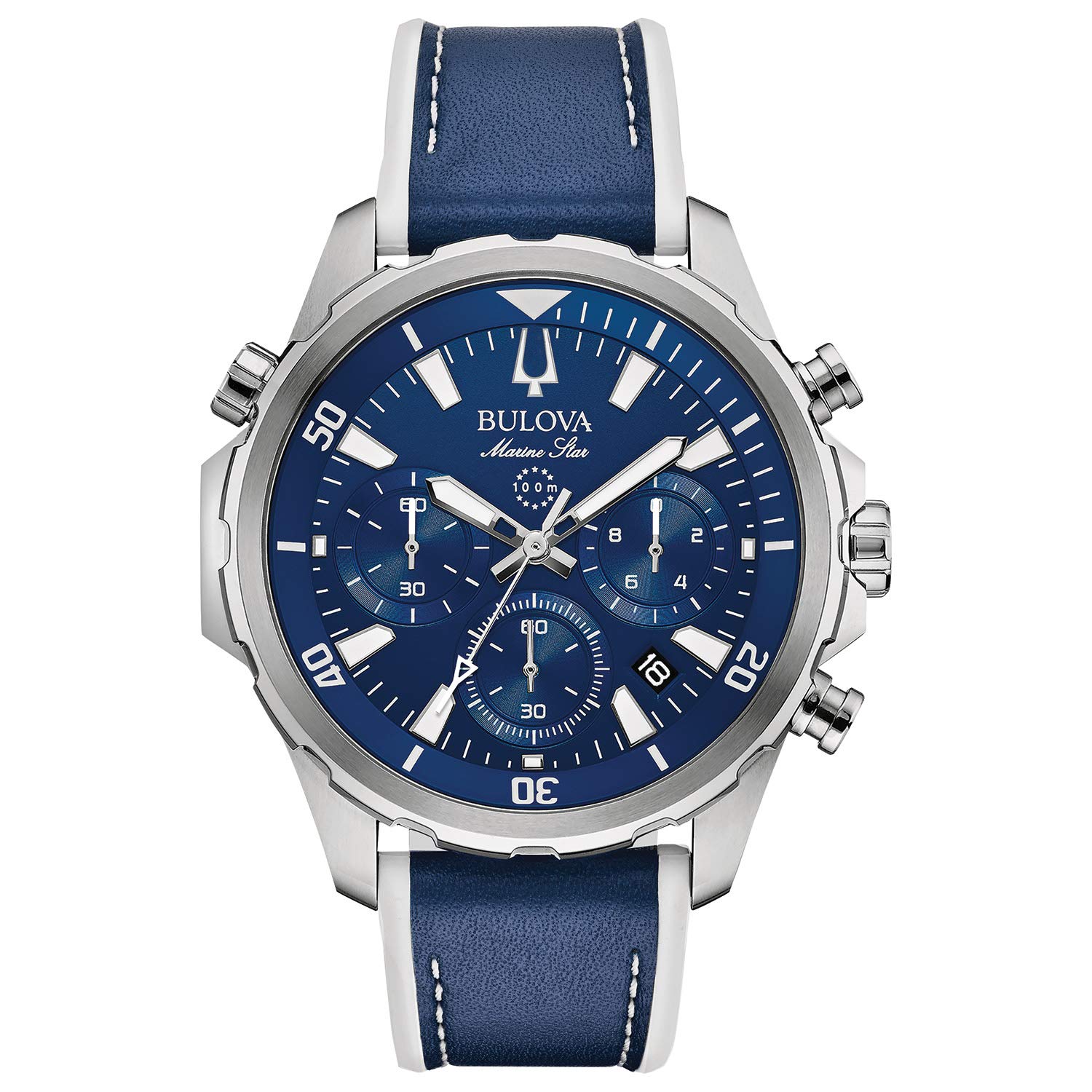 Bulova Men's Marine Star Series B Stainless Steel 6-Hand Chronograph Quartz Watch with Blue Leather and White Silicone Lining Strap, Blue Dial, 43mm Style: 96B287