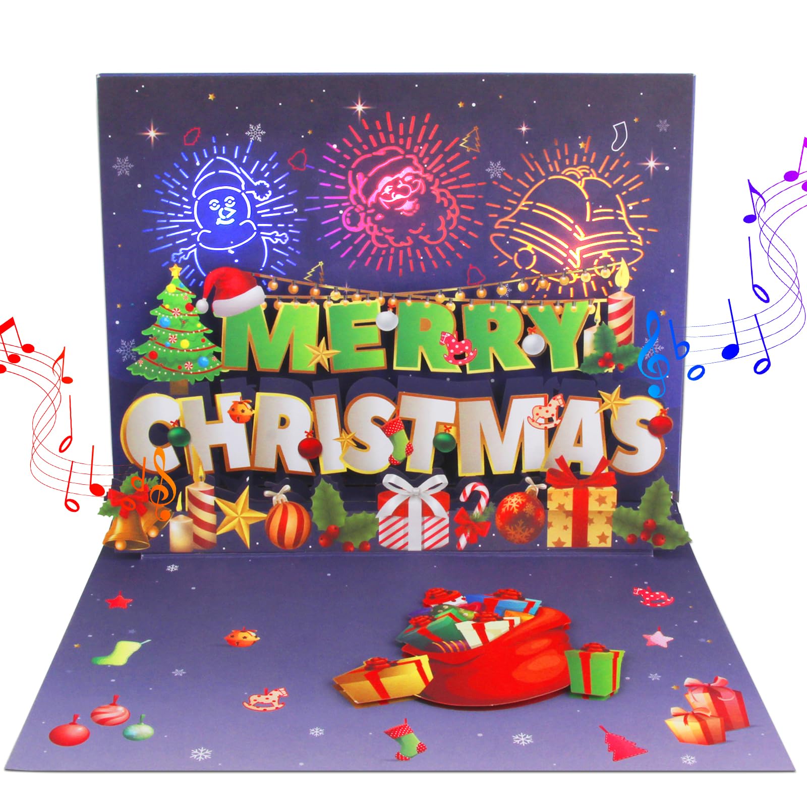 MZD8391 LIGHTS & MUSIC 3D Pop Up Firework Christmas Card, Handmade Christmas Card Gifts with Santa, Snowman, Xmas Cards, Playing-We Wish You a Merry Christmas (Multicolor)