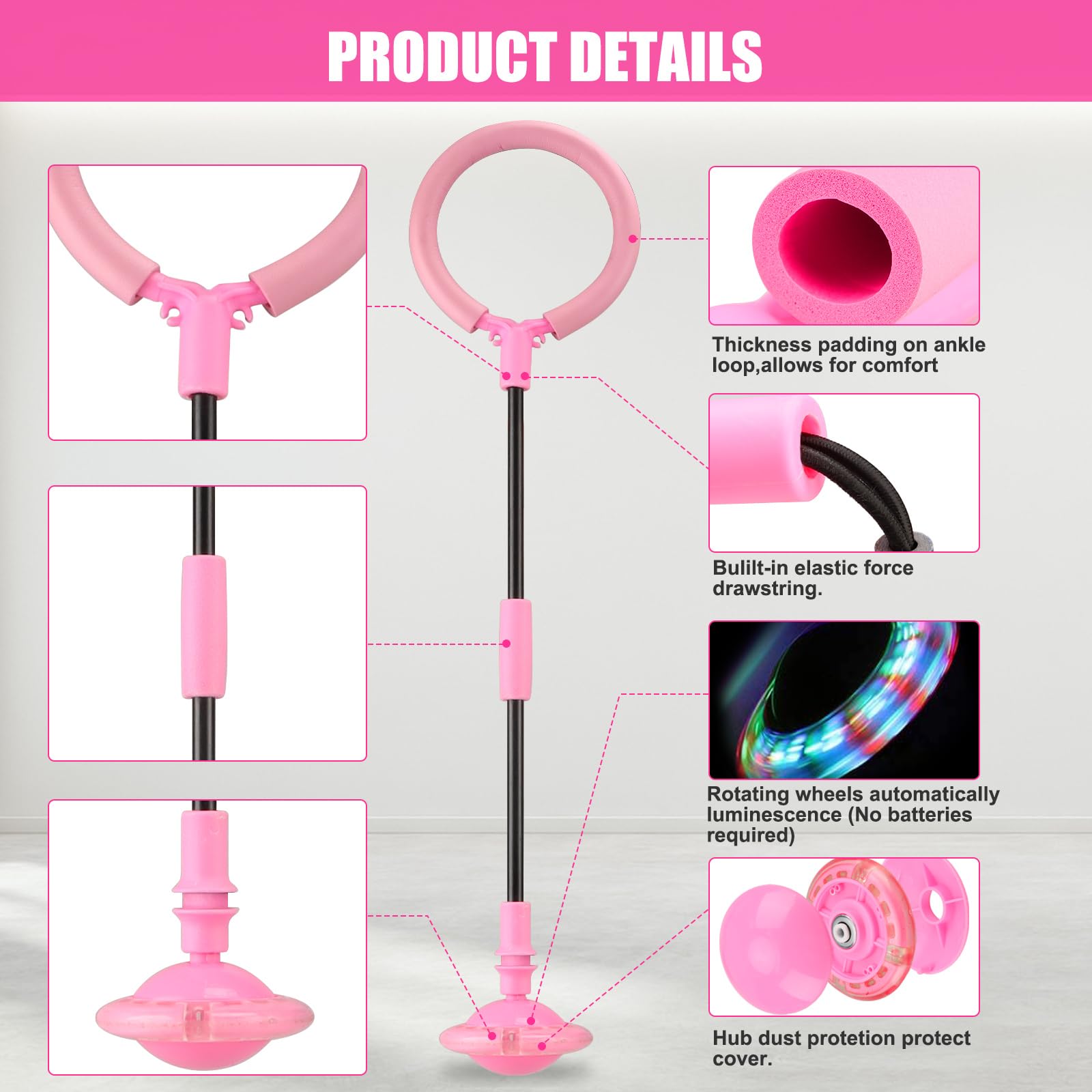 Chridark Ankle Skip Ball for Kids - Foldable Flash Wheel Skip Ball, Outside Game Toys for Kids & Adults, Gift for Boys & Girls Age 5 6 7 8 9 10 Years Old (Pink)