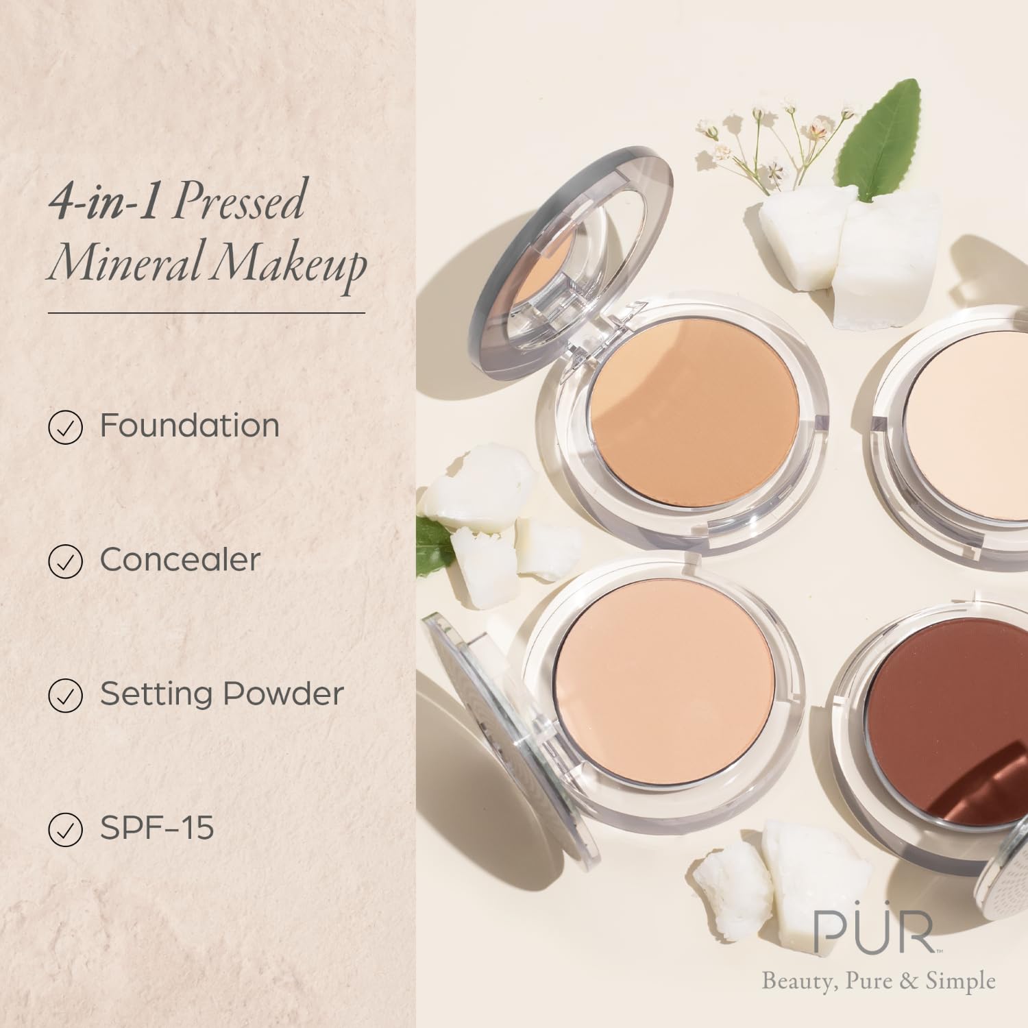 PUR Beauty 4-in-1 Pressed Mineral Makeup Powder Foundation with SPF 15 - Concealer & Finishing Compact Pressed Powder for Face - Buildable Medium to Full Coverage Foundation Powder (Porcelain)