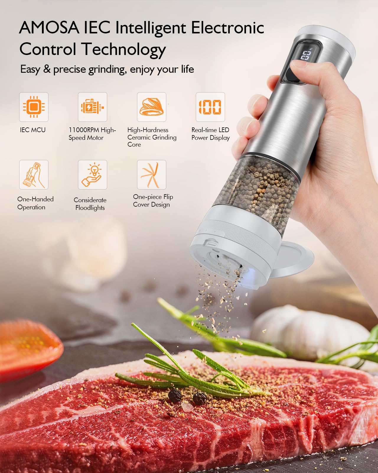 Electric Salt and Pepper Grinder Set, Upgraded 2-Speed Setting, External 5 Adjustable Coarseness, Battery Display Rechargeable Base, Stainless Steel Automatic Salt & Pepper Shaker Mill with LED, White
