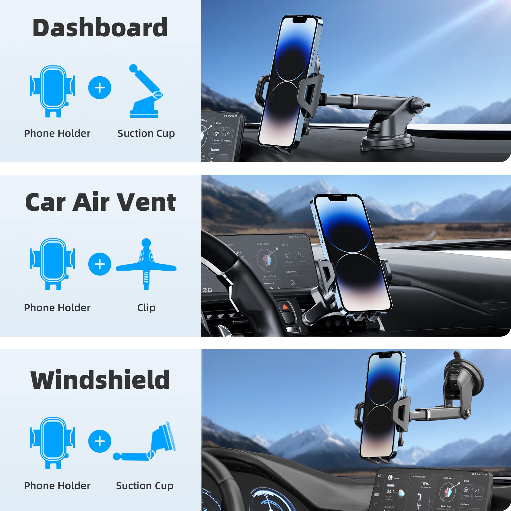 Phone Holder Mount for Car [ Off-Road Level & Stable Hook ] Windshield Dashboard Air Vent Universal Hands-Free Automobile Mounts Cell Phone Holder Fit for iPhone Smartphones