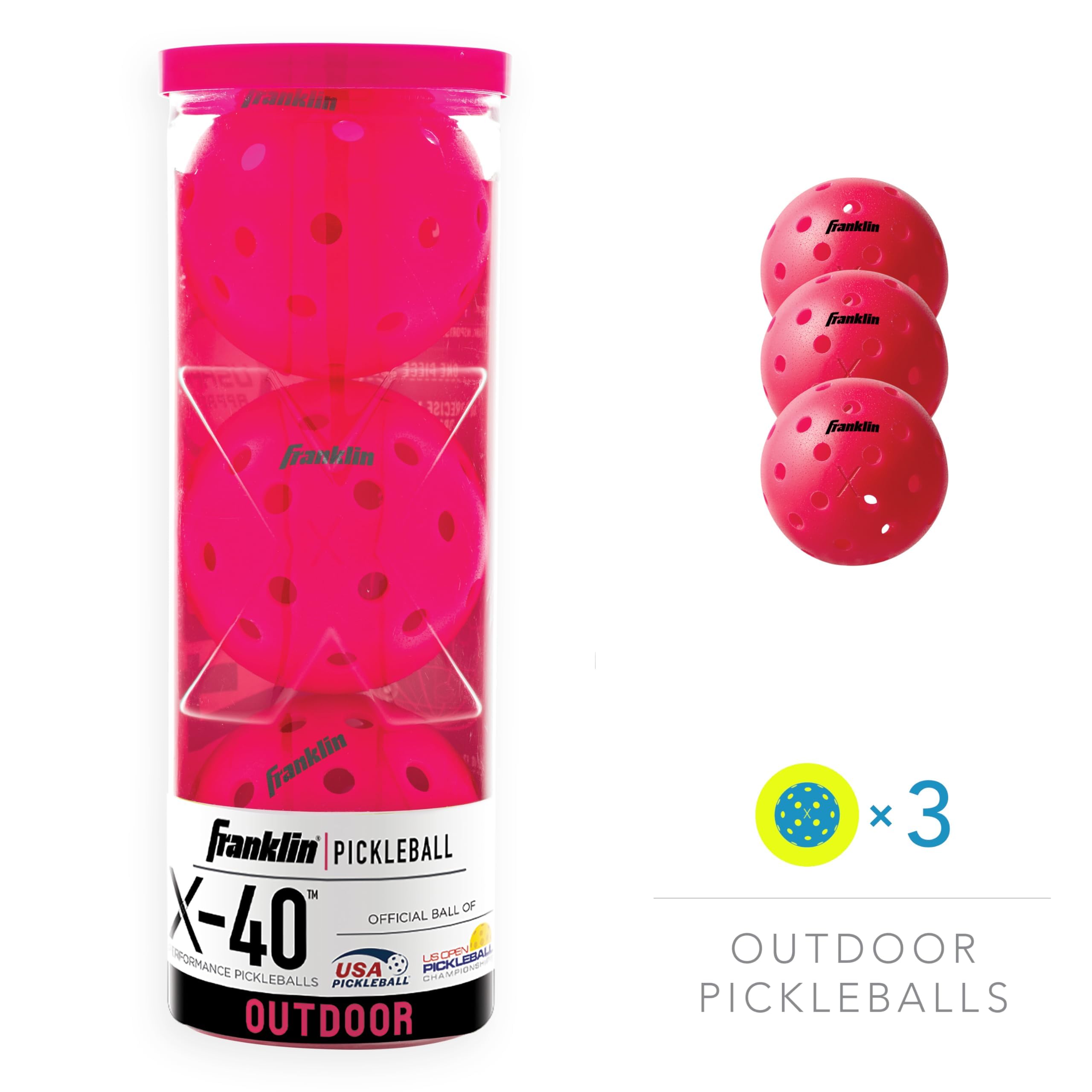 Franklin Sports X-40 Pickleballs - Outdoor 3 Pack USA PICKLEBALL APPROVED Pink Official Ball of US Open Pickleball Championships