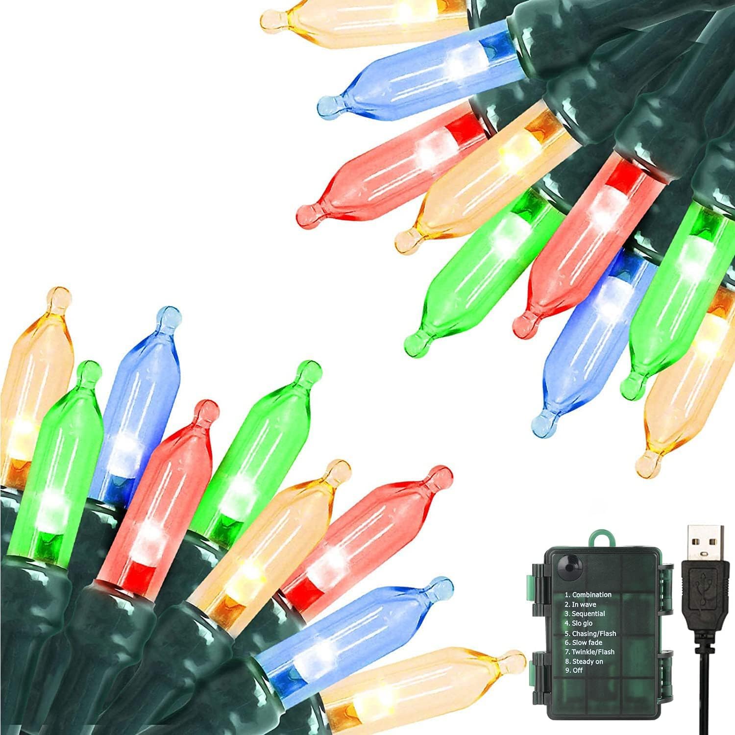 Green Convenience Christmas Lights 33ft 100 LED Battery String Lights with Timer Memory Function USB or Battery Powered Waterproof String Lights for Indoor Outdoor Decoration (Multi-Colored)