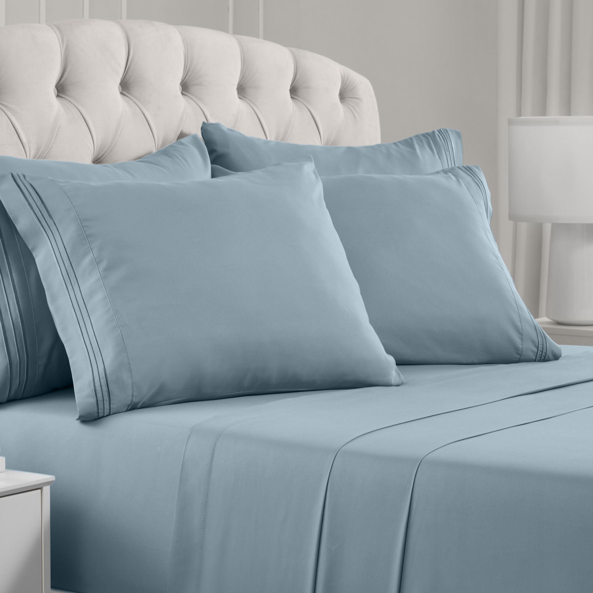 Mellanni Bedspread Coverlet Set + 6PC Sheets Set Bundle&Save - Iconic Collection Bedding - Bundle Includes: 3 Piece Oversized Quilt Set and 6 Piece Bed Sheet Set (King, Gray/Spa Blue)