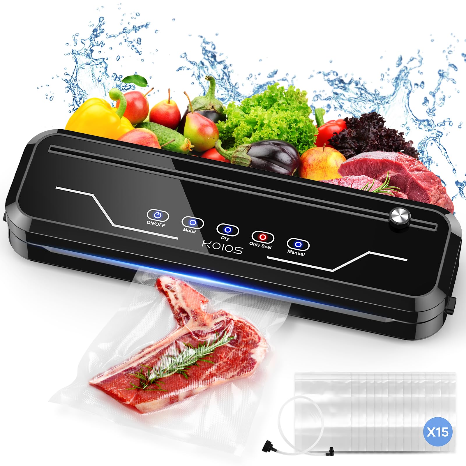 KOIOS Vacuum Sealer Machine, Food Vacuum Saver Automatic Air Sealing 80Kpa with Starter Kits | 15 Bags, Build-in Cutter, Moist&Dry Mode and External VAC for Jars and Containers(Black)