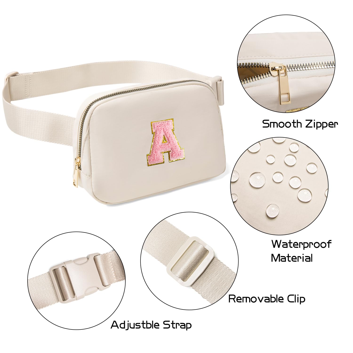 Gitus Belt Bag Fanny Pack Crossbody Bags with Initial Letter Patch Cute Stuff Birthday Gifts for Teenager Girls Cool Stuff for Teens Trendy Preppy Stuff for Teen Girls (Beige-A)