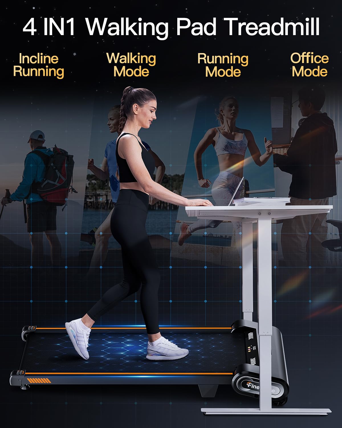 Akluer Auto Incline Walking Pad Treadmill with 13% 6-Level, Under Desk Treadmill for Home Office, 330 lbs Capacity Compact Walking Pad with Remote Control and LED for Small Spaces, Orange