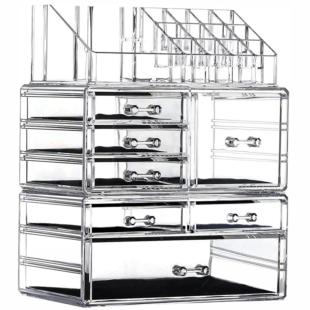 Cq acrylic 3 Pack Clear Makeup Organizer Countertop,Stackable 7 Drawers Skincare Organizer,Cute Skin Care Organizer for Vanity Hair Clip,Jewelry,Beauty Product Desk and Make Up Organizers for Vanity