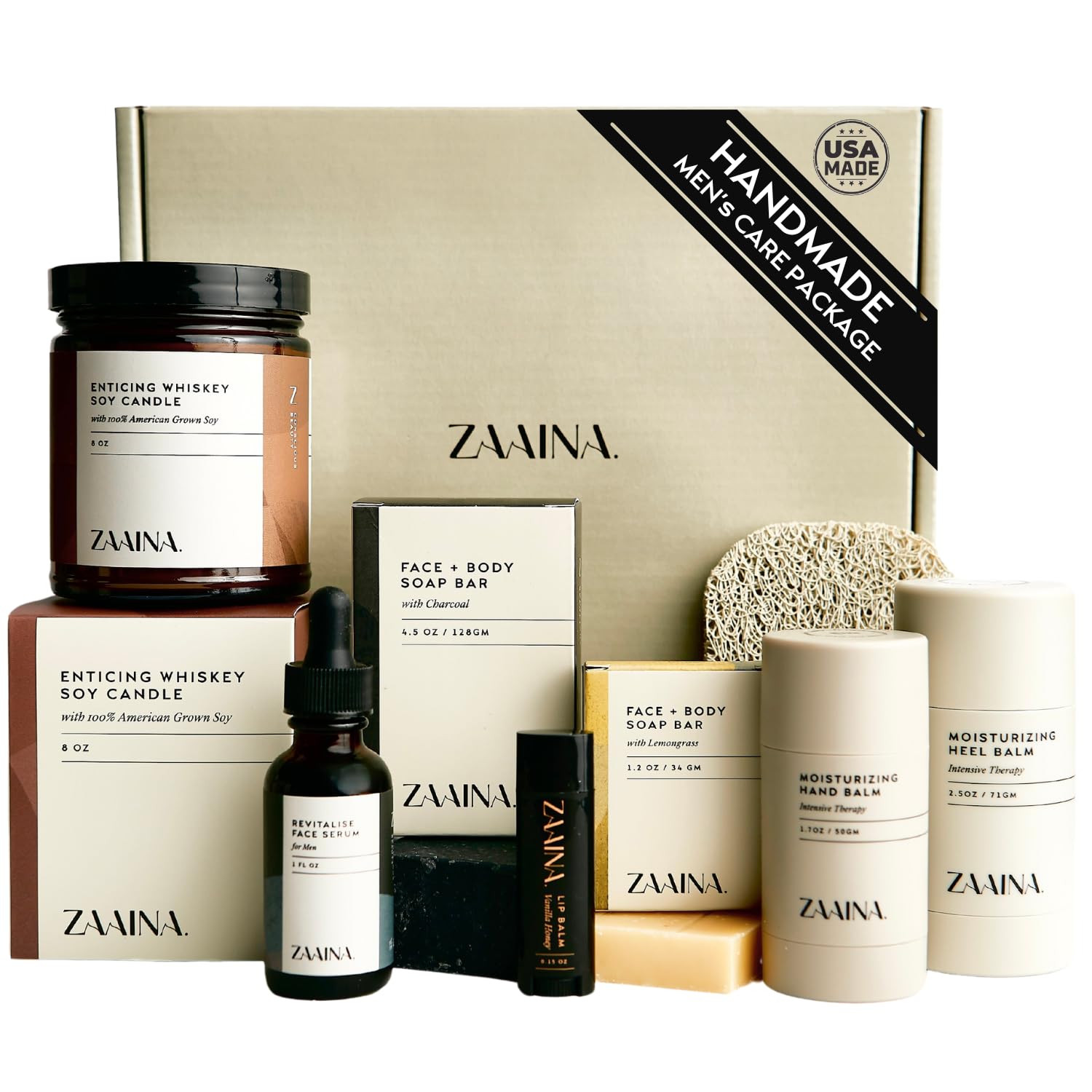 Men's Self Care Package, Relaxation Spa Gift Set for Him - Luxury Natural Handmade Men Skin Care Kit with Whiskey Candle, Unique Self Care Gift for Men, Men's Skin Care Set by ZAAINA