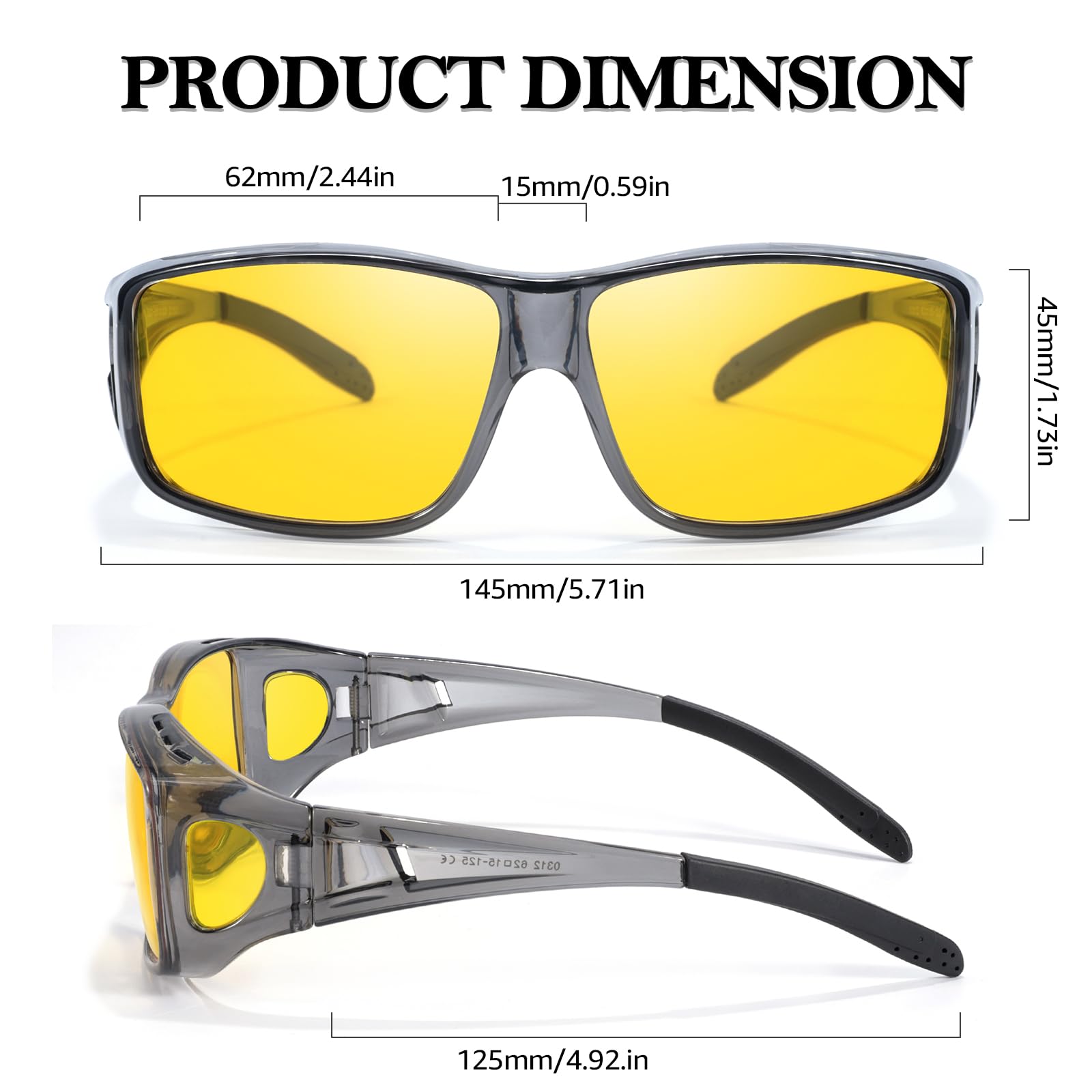TJUTR Night Vision Driving Glasses Fit Over Glasses for Men Women, Anti Glare Polarized Nighttime Eyeglasses Yellow Lens (Grey)
