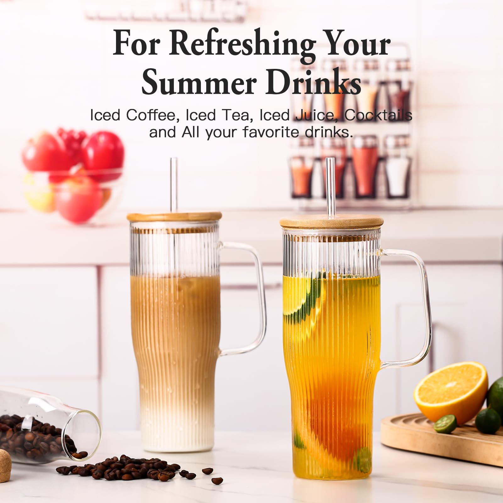 SIPBYSOP 40 oz Ribbed Glass Tumbler with Handle, 2 Pack Glass Cups with Lids and Straws, Large Iced Coffee Cup,Borosilicate, with Bamboo Lid and 4 Straws