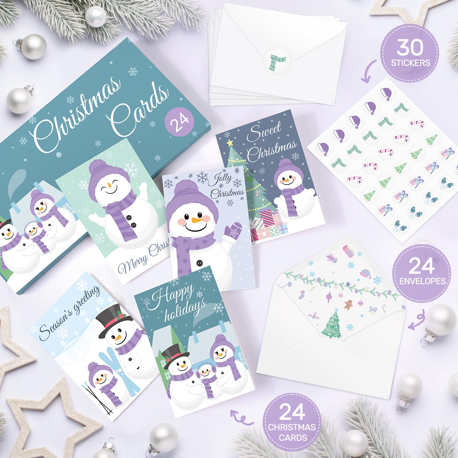 Wakeys 24 Pack Snowman Christmas Cards with Envelopes, Christmas Greeting Cards Bulk Xmas Cards Blank Happy Holiday Cards for Family, Kids, Friends - 4"x6"