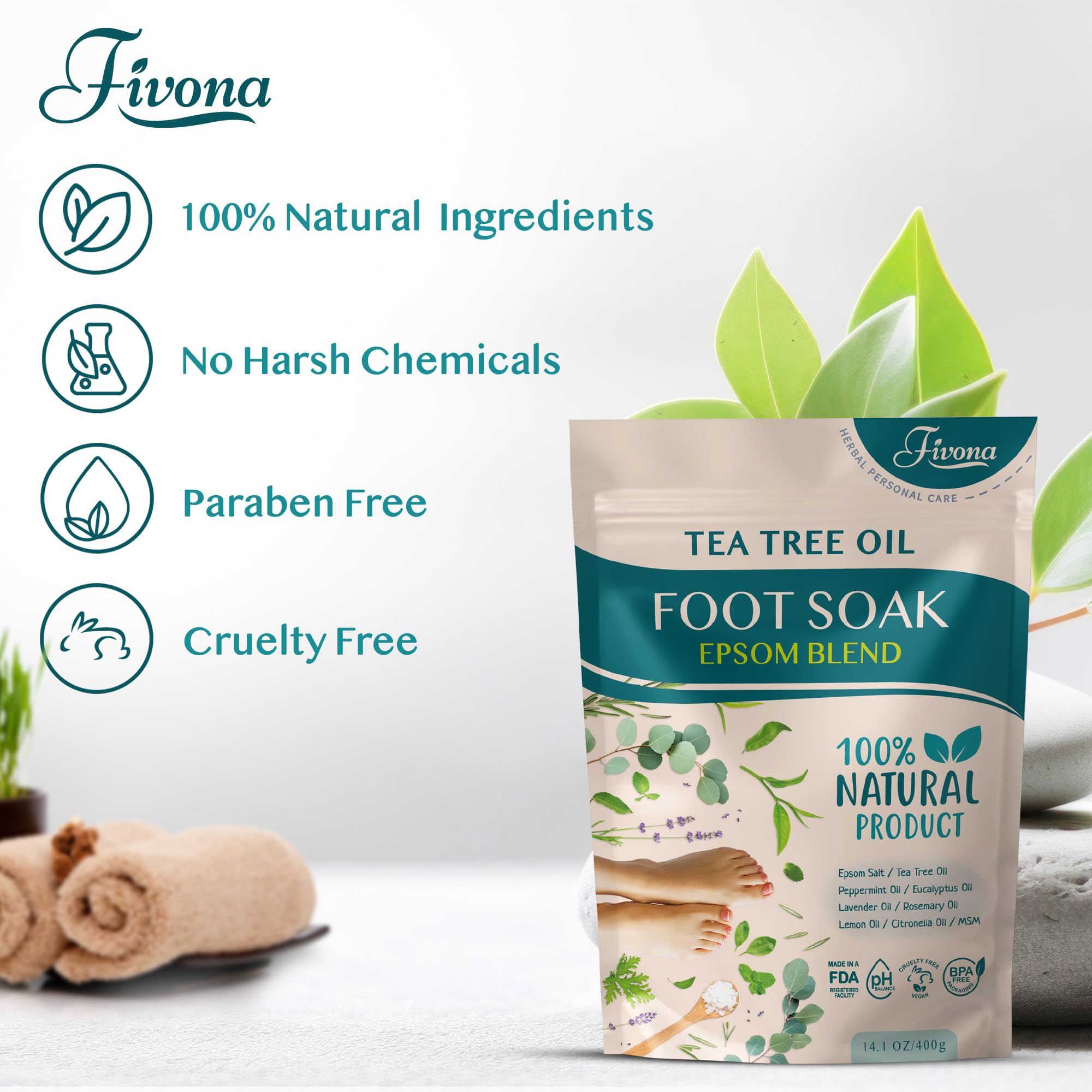 Fivona 2 in 1 Foot Care Kit - Epsom Salt Foot Soak Blend with Tea Tree and Essential Oils - Double-Sided Foot File Stainless Steel Pedicure Tool for Cracked Heels, Callus Remover