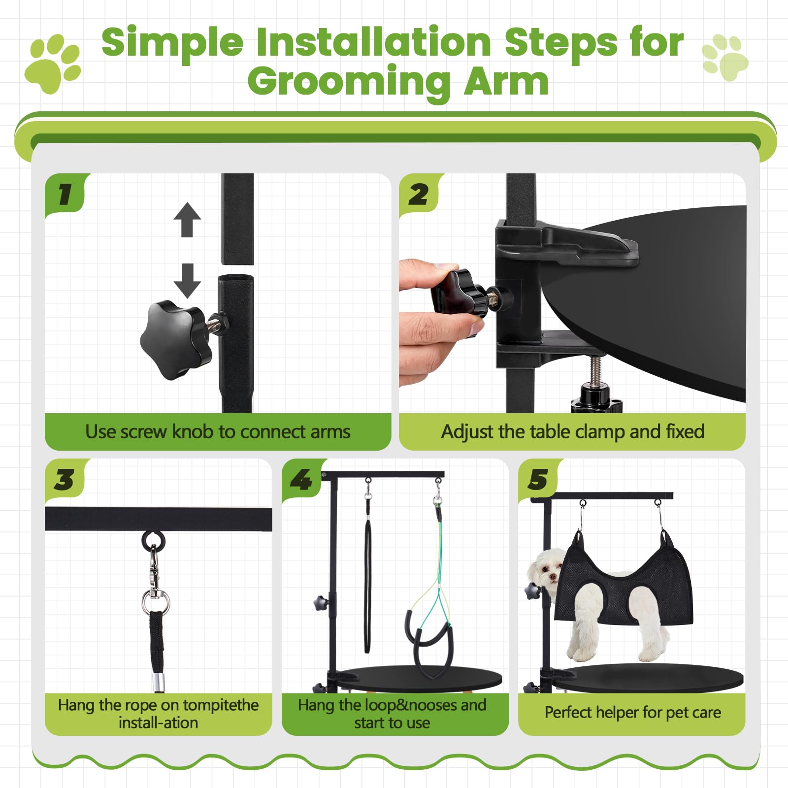 SUNMCCN Dog Grooming Table Arm with Hammock, 35" Adjustable Height Grooming Arm with Clamp and No-Sit Haunch Holders, Suitable for Small & Medium Pets