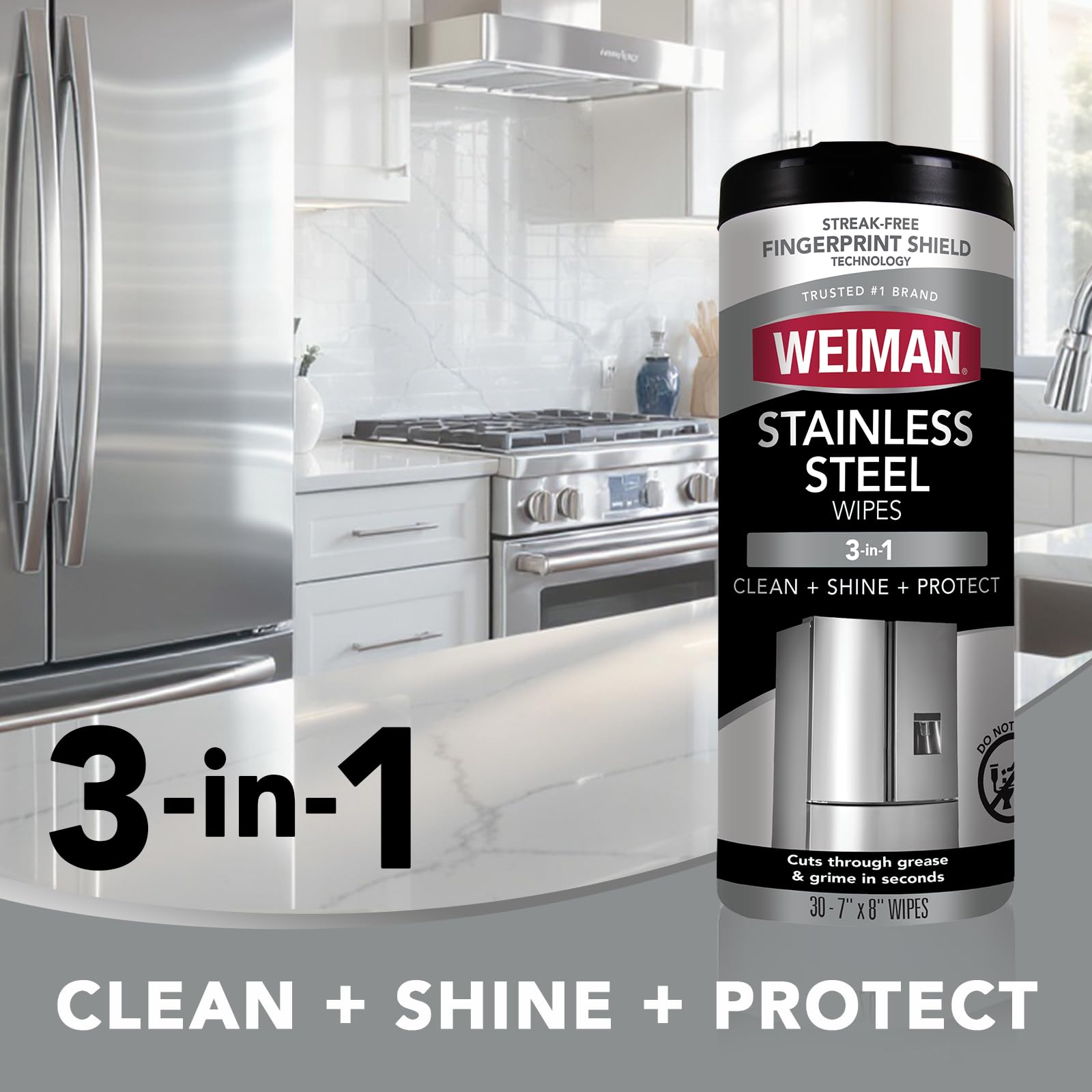Weiman Stainless Steel Cleaner, 30 Count Wipes, Anti-Fingerprint, Removes Grease, Water Spots, Streaks & Residue, Polishing Cleaner Safe for Appliances, Chrome, Sinks & Grill Exteriors