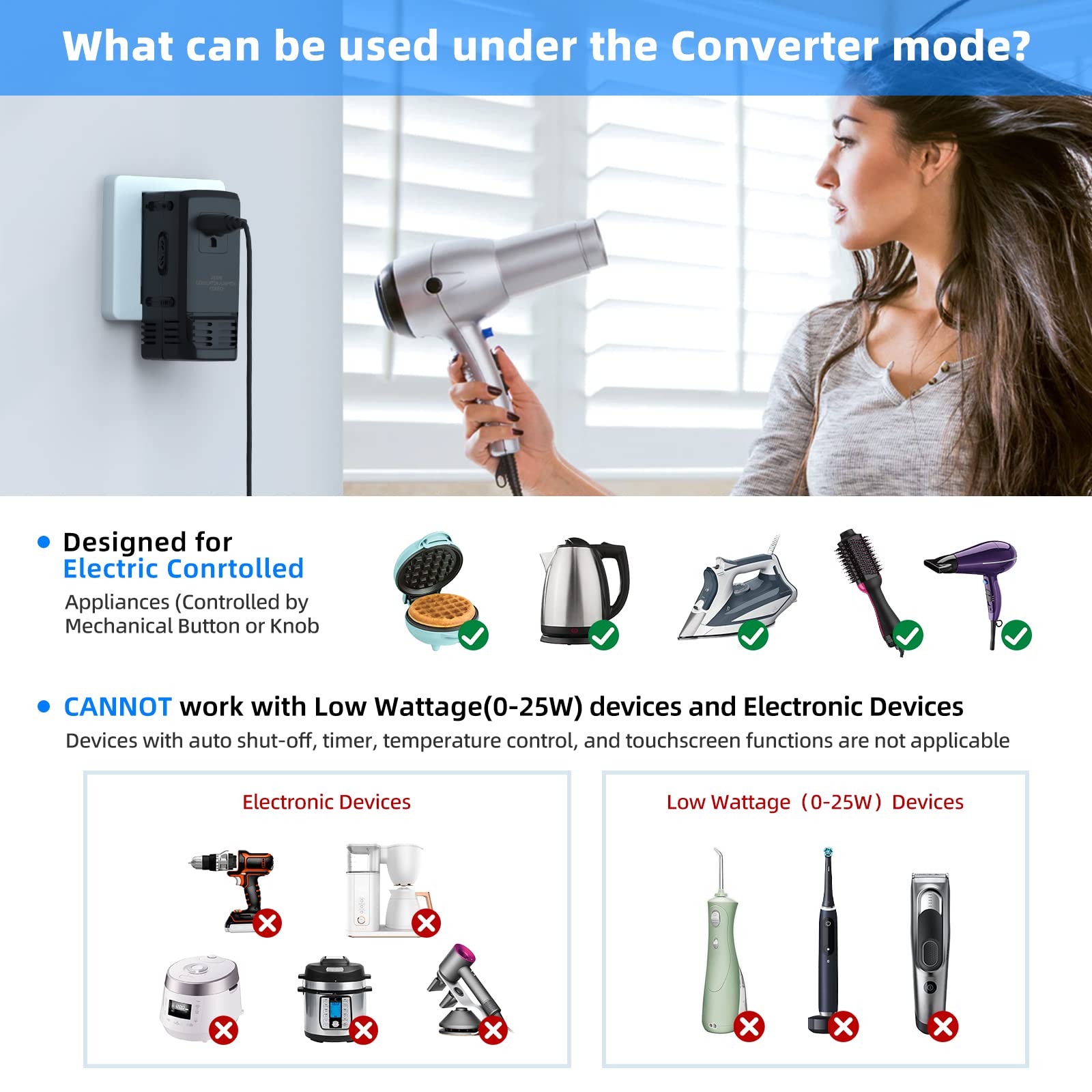 FUNPRO 2000W Voltage Converter Travel Adapter Step Down 220V to 110V for Hair straighteners, laptops, Cell Phones, Power converters from USA to Europe, UK, Australia Over 200 Countries