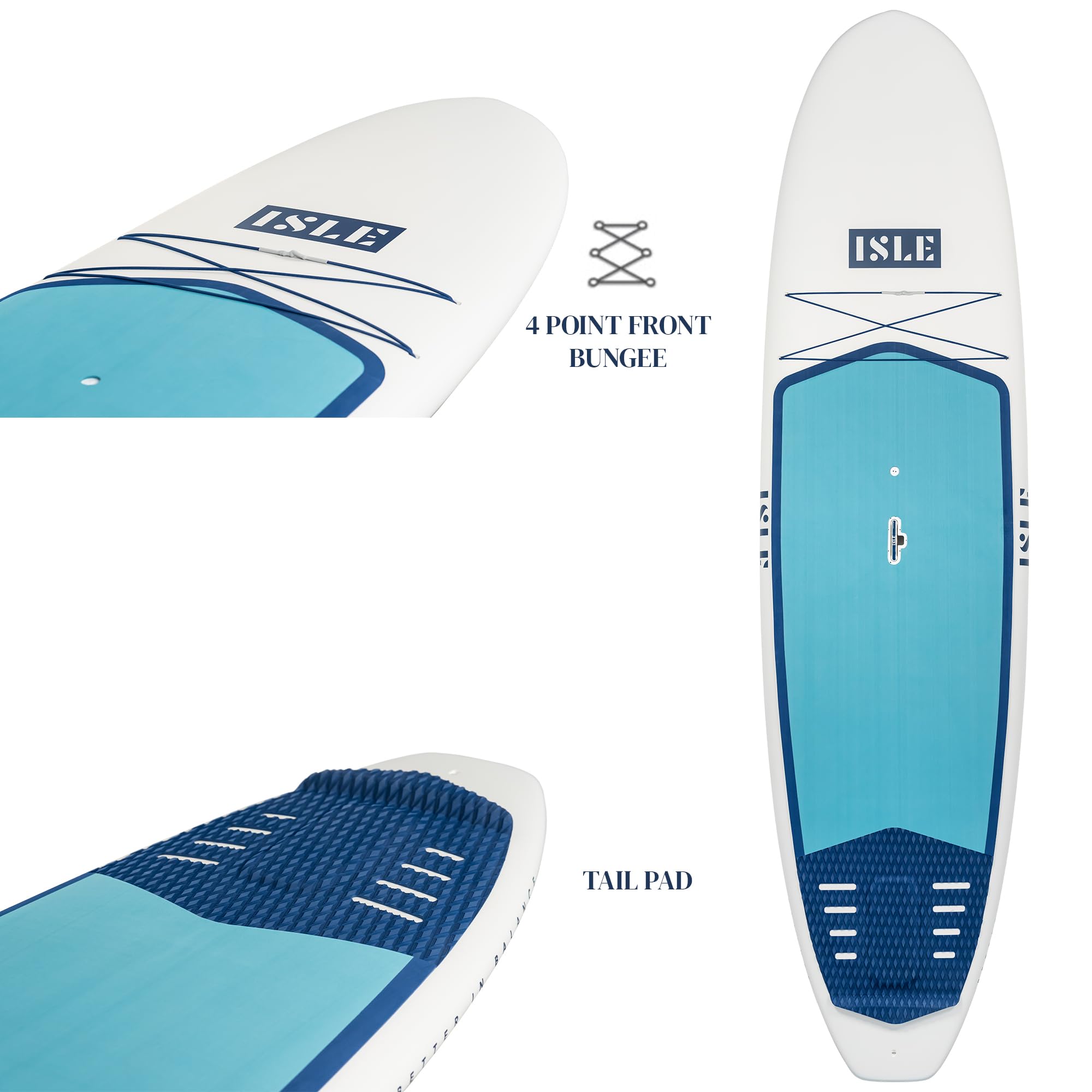 ISLE Versa Rigid Stand Up Paddle Board & SUP Bundle Accessory Pack — Hard Board Lightweight Epoxy SUP — 215 Pound Capacity, 10’5” Long x 32" Wide x 4.5” Thick, White/Blue