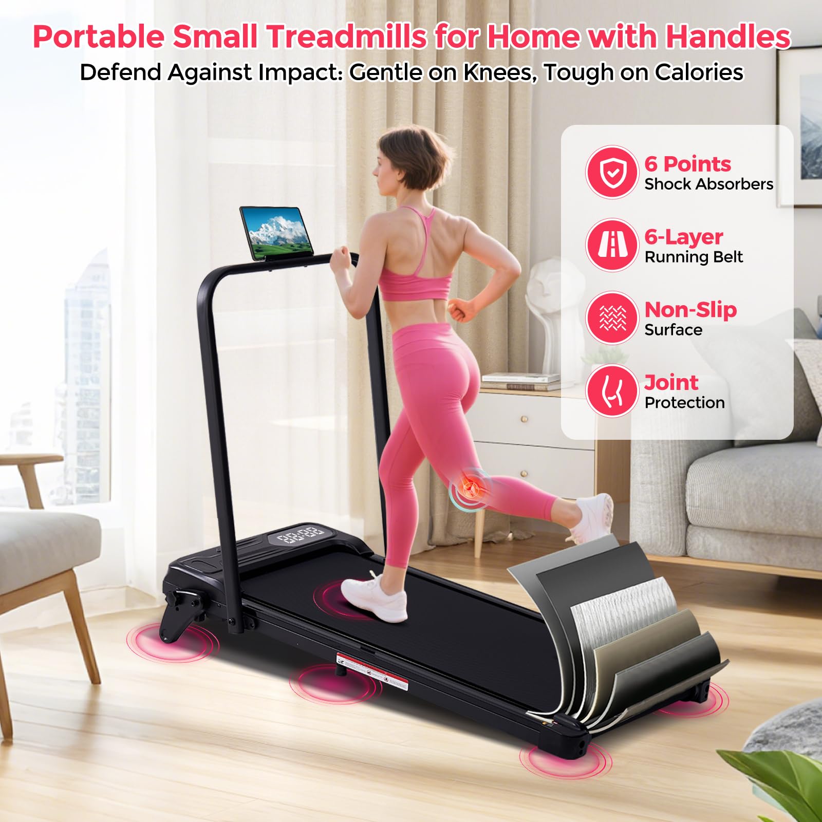 Walking Pad with Handle Bar & Adjustable Incline, 350LBS Compact Under The Desk Treadmill, 4-in-1 Portable Small Treadmills with Handles for Home Small Spaces, 3.5HP Electric Walking Pads, 0.6-7.6MPH