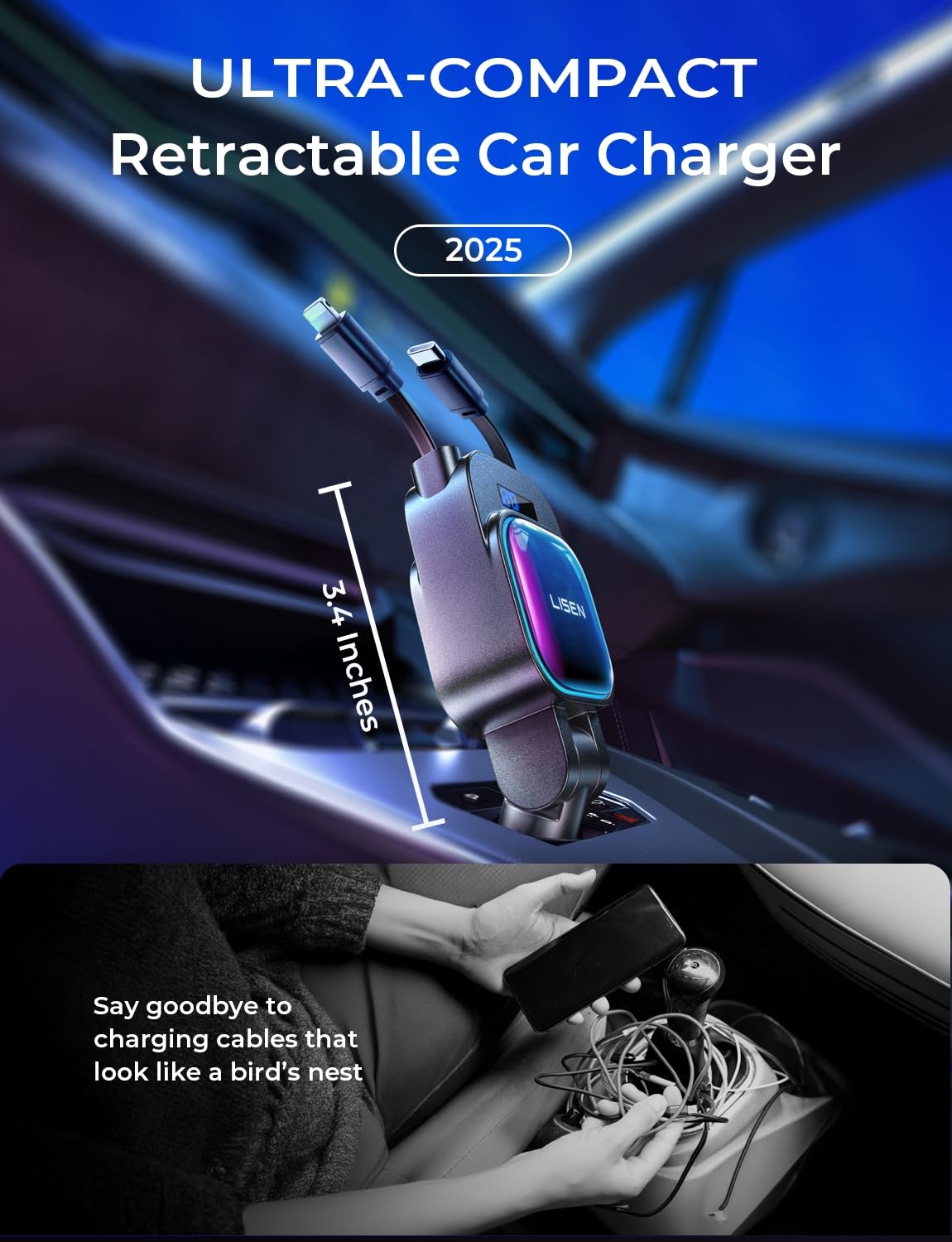 LISEN 96W Fast Charging Retractable Car Charger[USB C Cable & L Cable], 4 in 1 Retractable Car Charger Fast Charging Car Charger for iPhone 17 Pro Max 16 15 14 13, Samsung Galaxy S25/24,Black