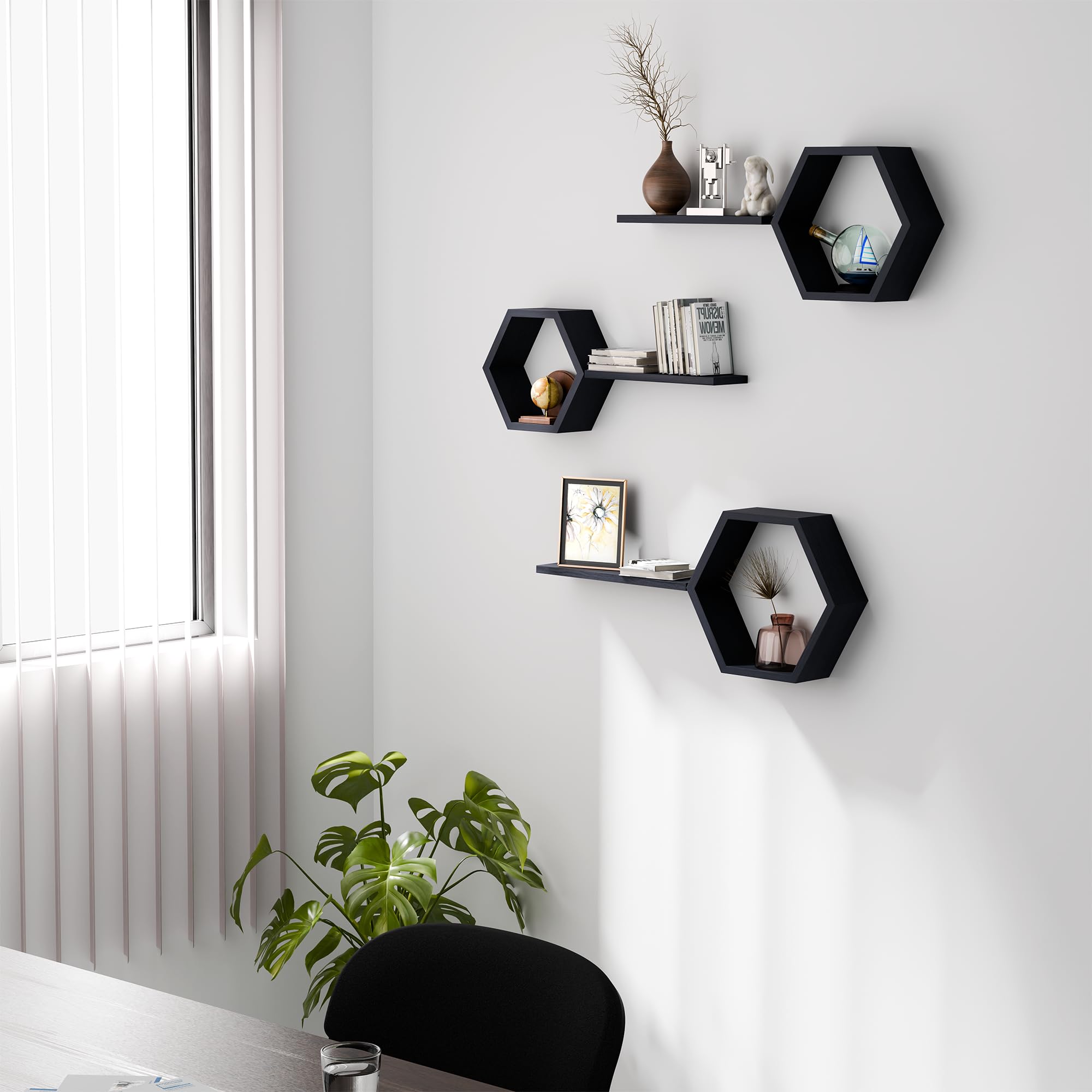 Decovate Hexagon Floating Shelves Set of 6 Honeycomb Shelves for Wall, Wooden Hexagon Shelves for Farmhouse Storage (Carbonized Black)