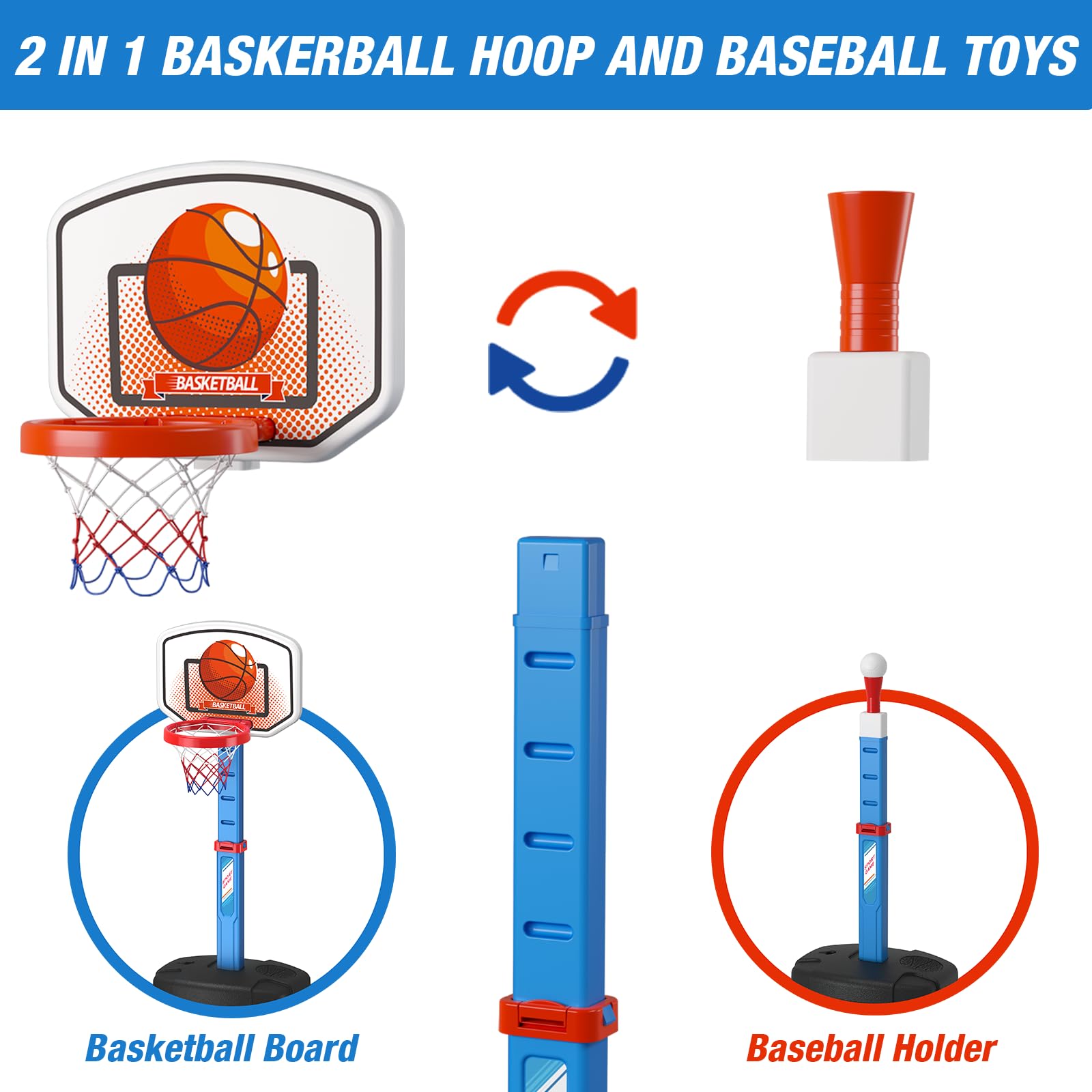 HYES 2 in 1 Kids Basketball Hoop and T Ball Set - Adjustable Height, Kids Baseball Tee with Automatic Pitching Machine, Indoor Outdoor Sport Toys Gifts for Toddler Boys Girls Age 1-5, Blue