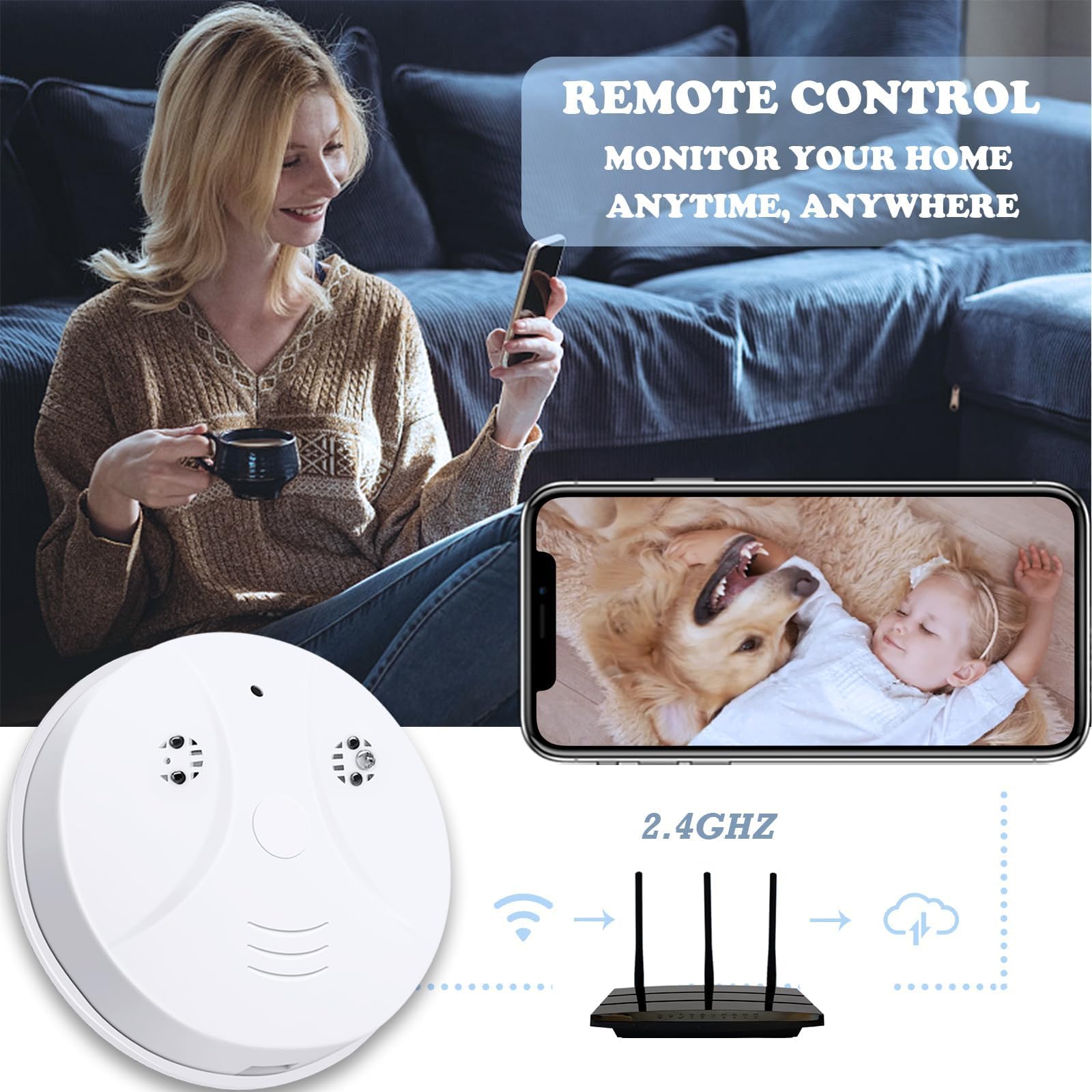 Hidden Camera Detector WiFi Smoke Detector Nanny Camera 1080P Wireless Nanny Camera Motion Detection Alert Push Night Vision APP Remote Viewing Indoor Security Camera for Baby/Pet