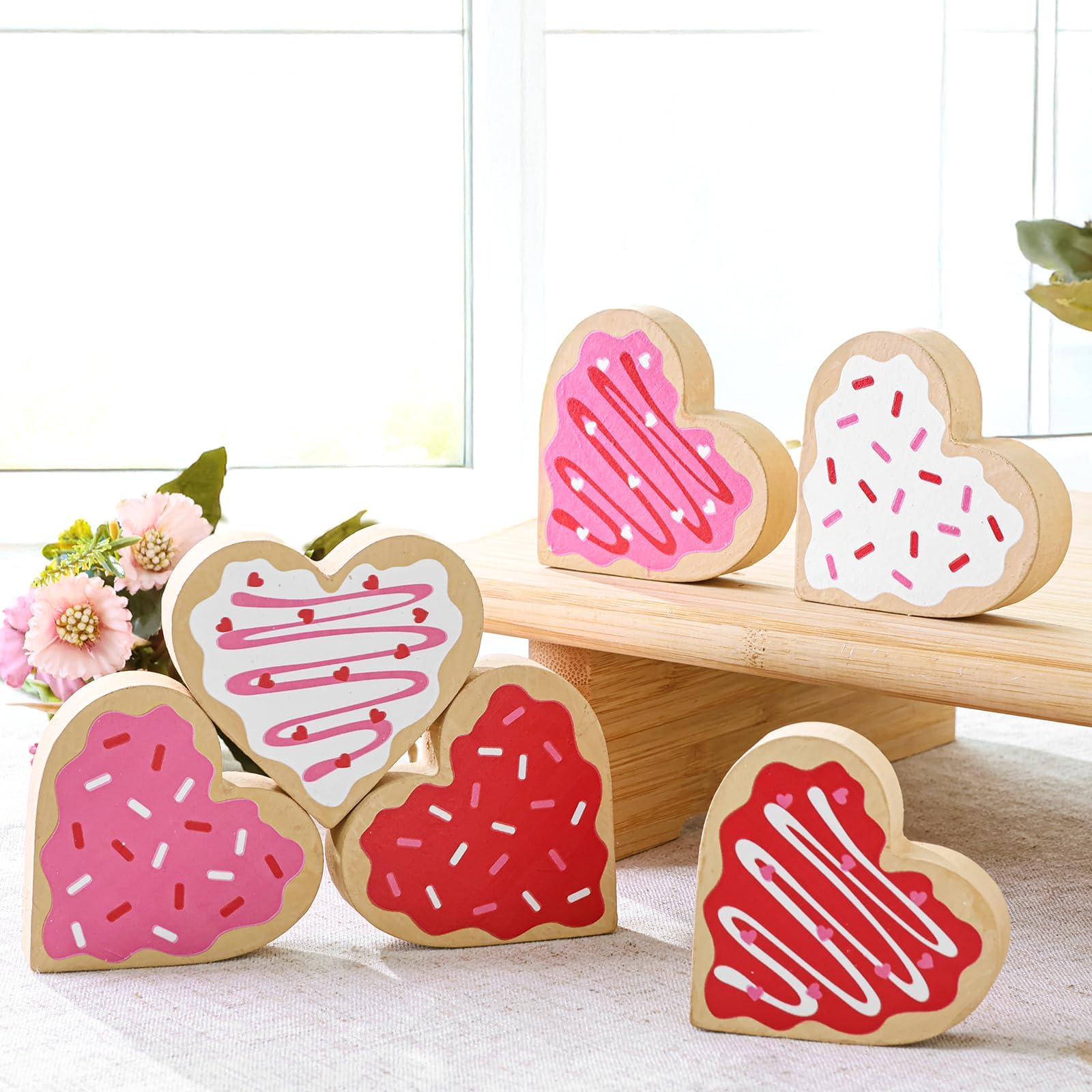 Valentines Day Decorations: Sweet Candy Heart Wooden Table Decor Sign 6pcs, Valentines Day Decor Cookies Tiered Tray Decor, Classic Valentines Decorations for the Home Table Decor Valentines Day Gifts