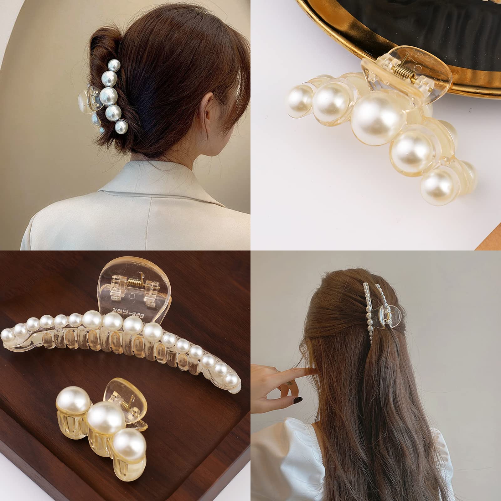 Mehayi 4 PCS Large Pearl Hair Claw Clips for Women Girls, Hair Barrette Clamps for Thick Thin Hair, Fashion Hair Accessories Headwear Styling Tools for Party Wedding