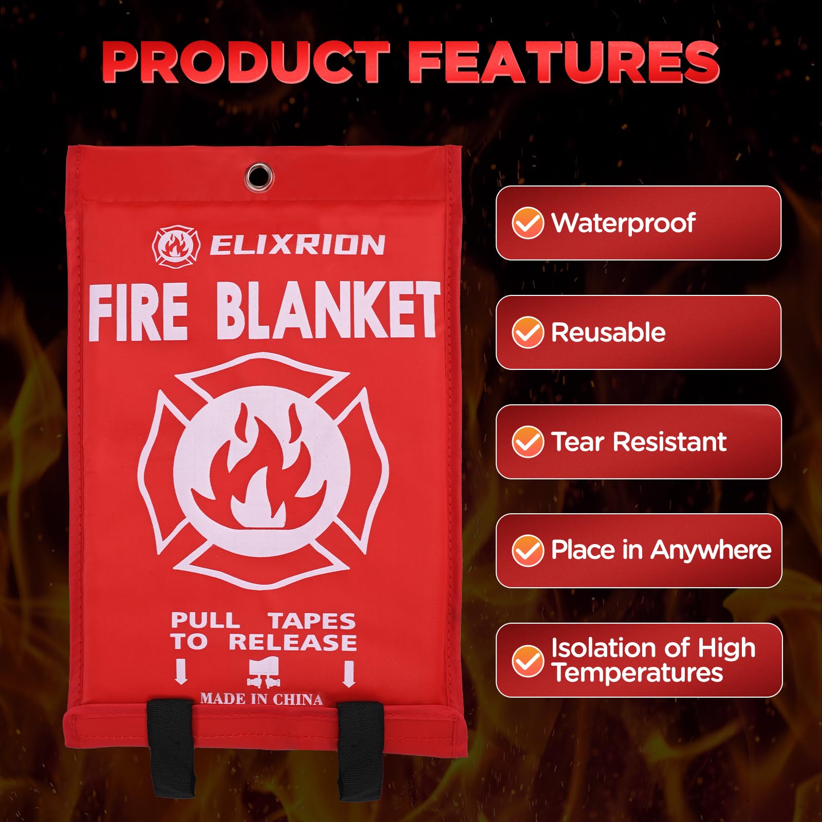 ELIXRION Emergency Fire Blanket 4 Pcs, 40" x 40" Fiberglass Suppression Blanket Portable Fire Extinguisher Blanket for Kitchen, Retardant Protection Emergency Safety Blanket for Home Car and Camping