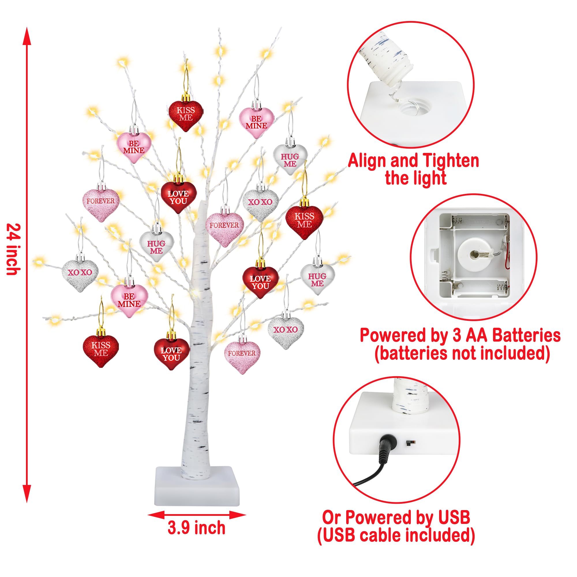 [Timer] Valentines Day Decor 24 Inch Valentines Day Decoration Lighted Tree with 18 Heart Ornaments, USB/Battery Operated Valentines Decor Tree Light, Valentines Day Decorations for Home Table Bedroom