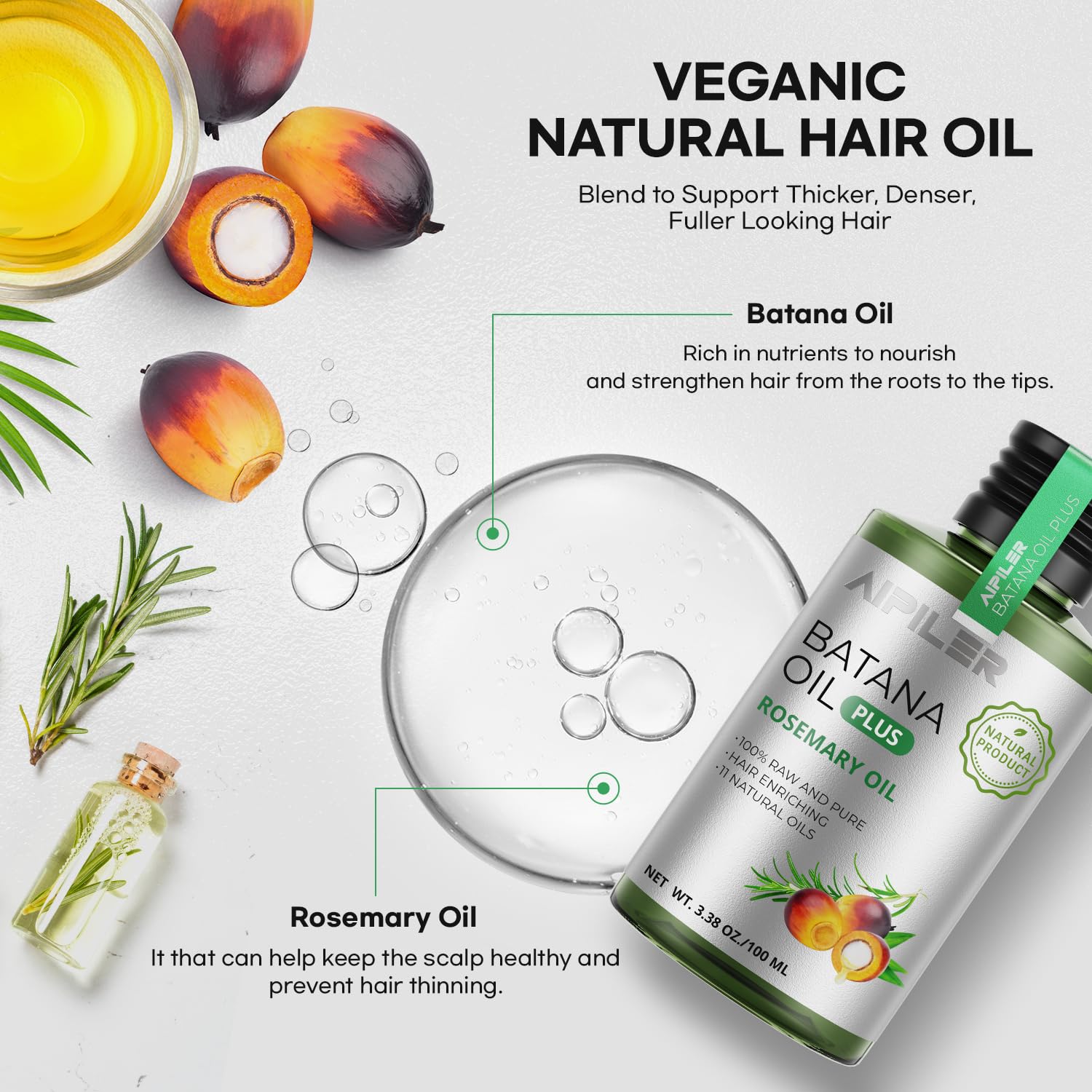 Batana Oil with Rosemary for Hair Growth: Vegan Natural Hair Oils - Nourish Hair Eyelashes Eyebrows Beard and Mustache - 100% Raw Castor Coconut Tea Tree Peppermint Ginger Jojoba and Argan Oils 3.38oz