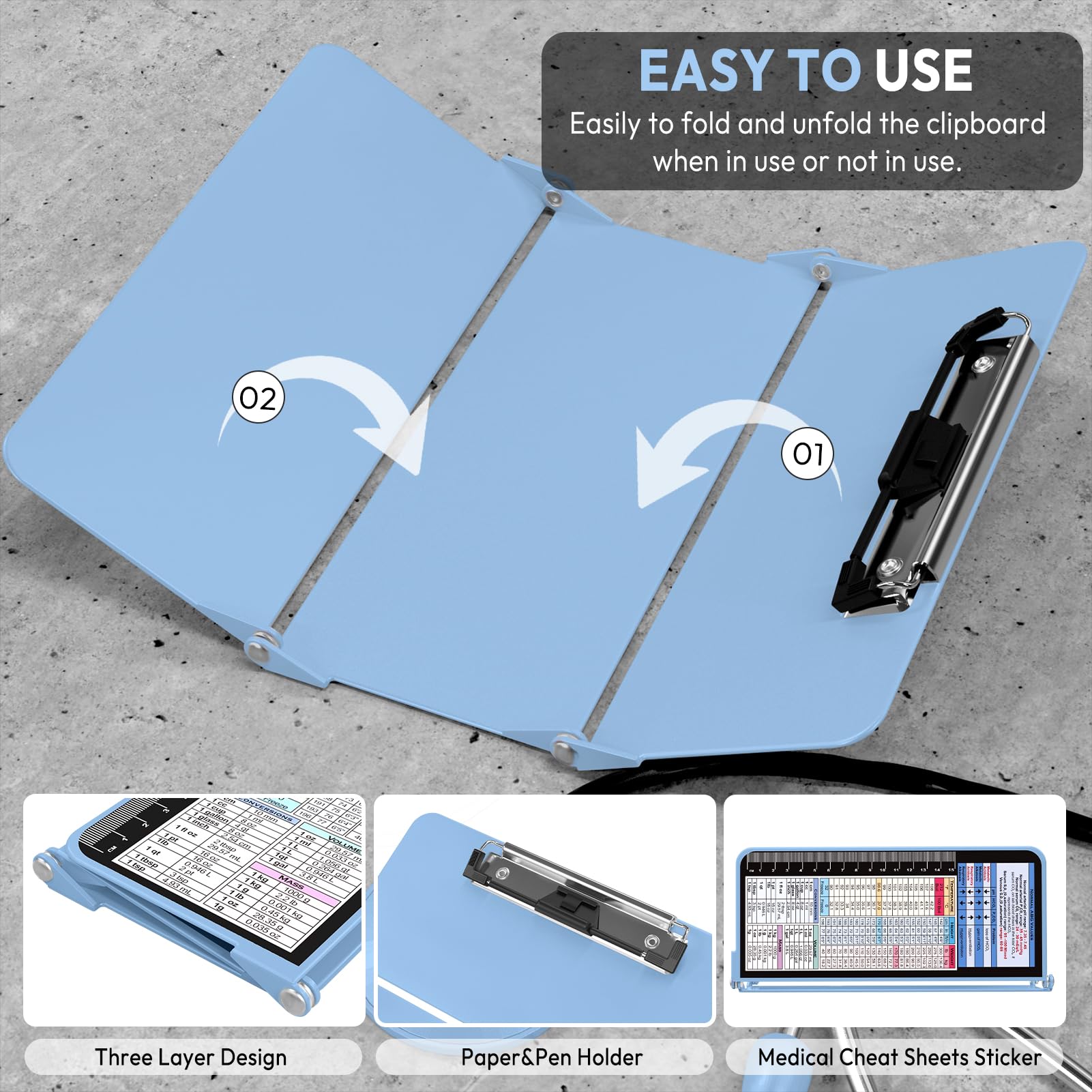 Nursing Clipboard Foldable, Foldable Clipboard w/Nursing Edition Cheat Charts,3 Layers Aluminum, Nurse Clipboard w/Low Profile Clip&Pen Clip Pocket Clipboard for Nurses and Doctors,Light Blue