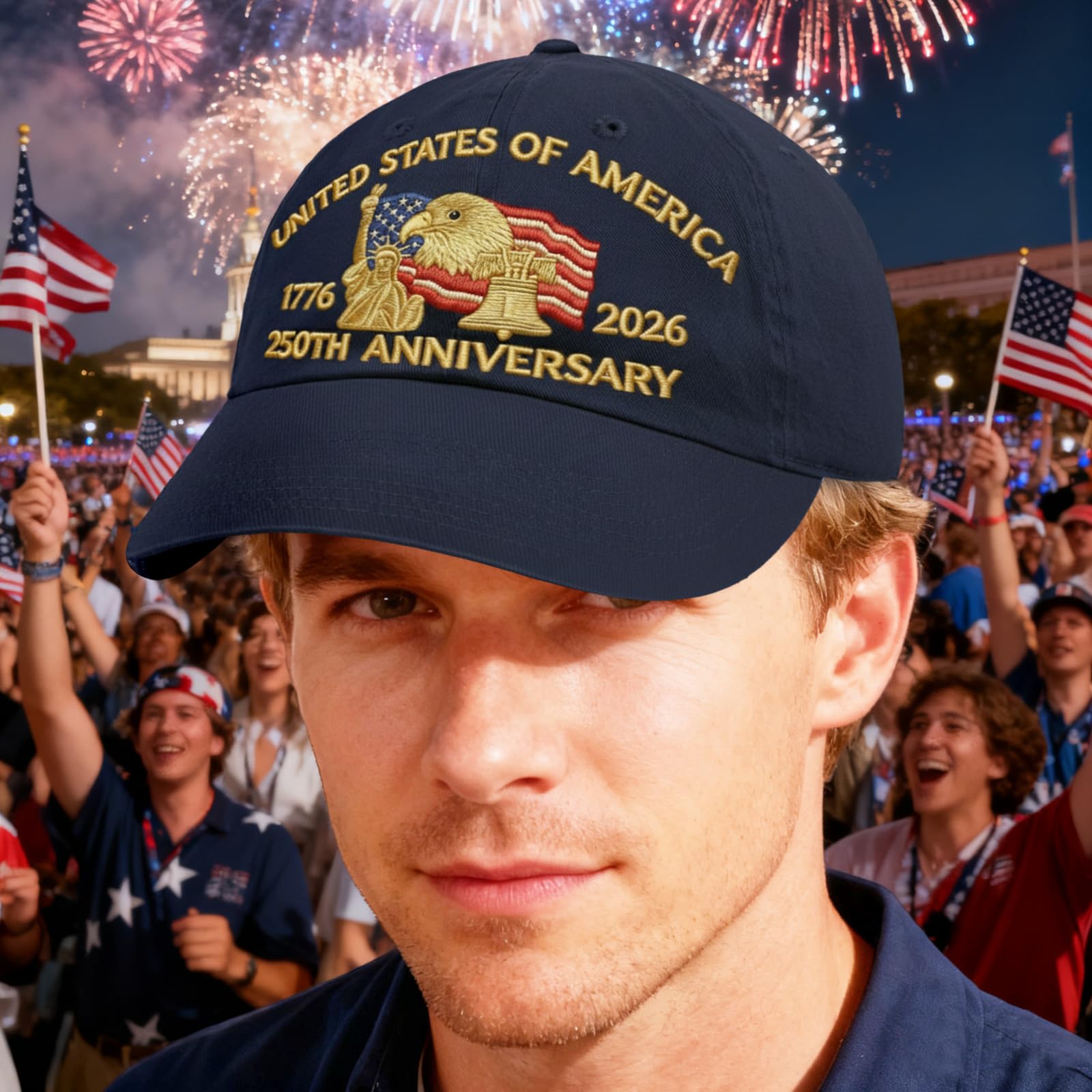 Embroidered United States 250th Anniversary Hat - 250 Years Anniversary USA Trucker Hat for Men Women, Adjustable Patriotic Baseball Cap (A-Navy Blue)