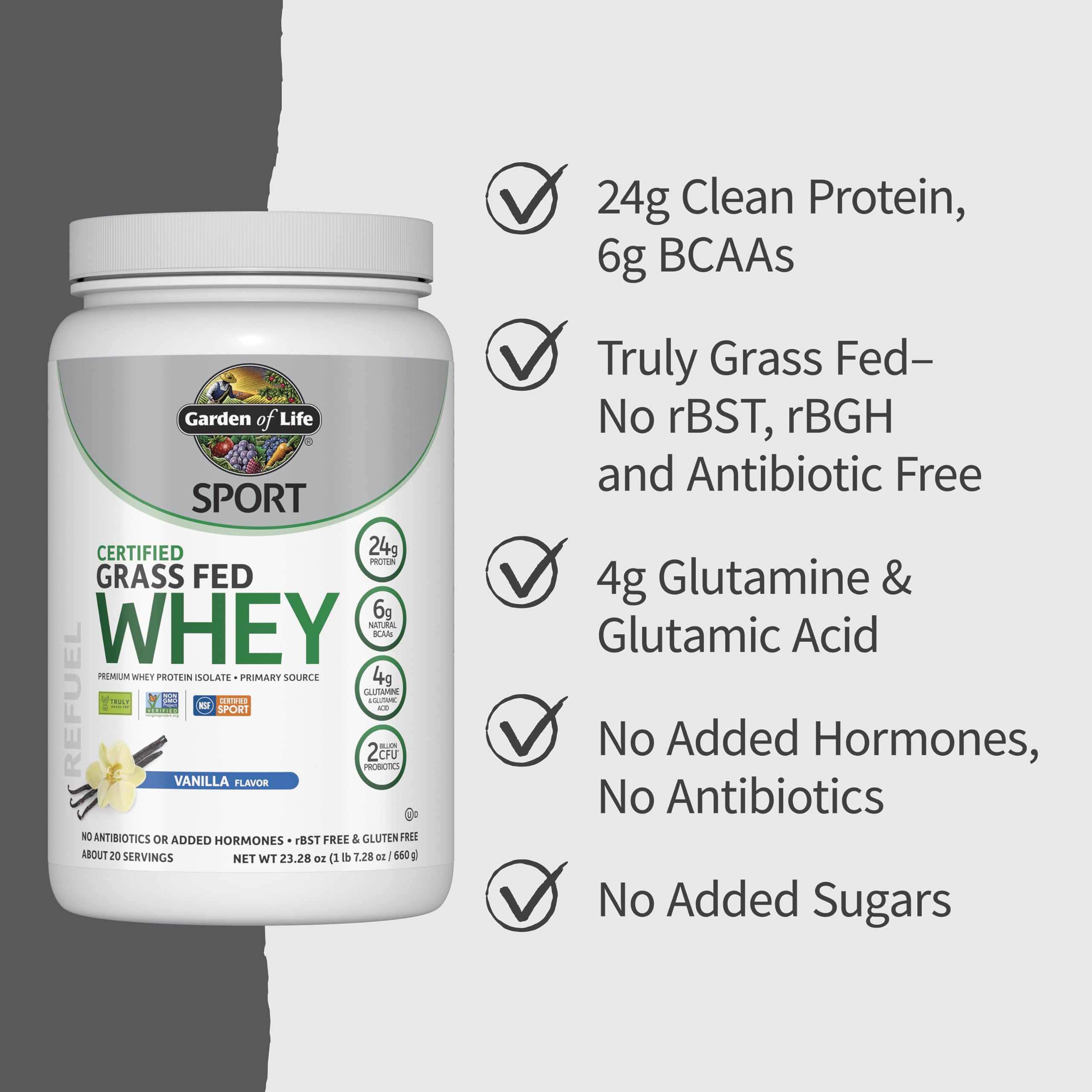 Garden of Life SPORT Whey Protein Powder Vanilla., Premium Grass Fed Whey Protein Isolate plus Probiotics for Immune System Health, 24g Protein, Non GMO, Gluten Free., Cold Processed - 20 Servings