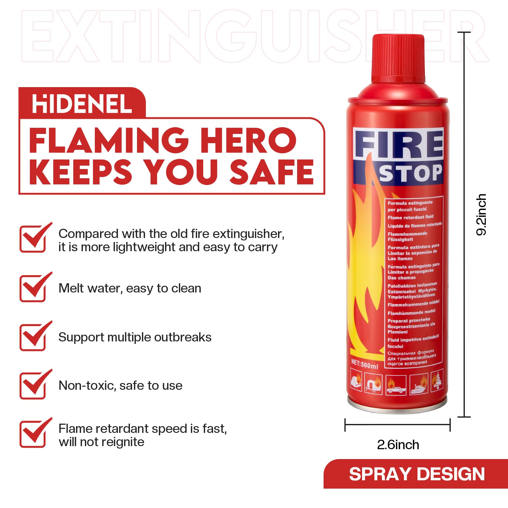 HIDENEL Fire Extinguisher for Home - 5-in-1 Multipurpose Extinguishing Aerosol Spray - Portable Boat & Prevent Reignition Water Based Fire Extinguisher - House, Kitchen, Car,Truck (1) (thin head)