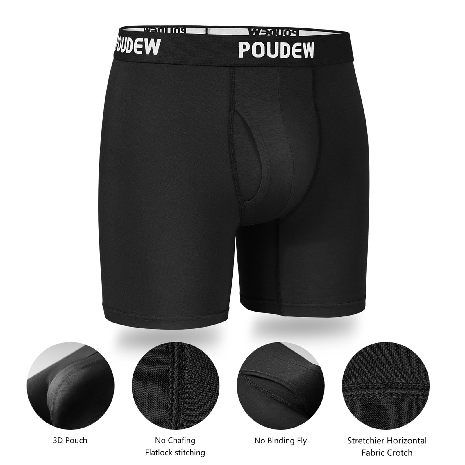 POUDEW Men's Breathable Viscose Moisture Wicking No Roll Waistband Tagless Underwear Boxer Briefs, Pack of 5 (X-Small, Black/Black/Black/Black/Black)