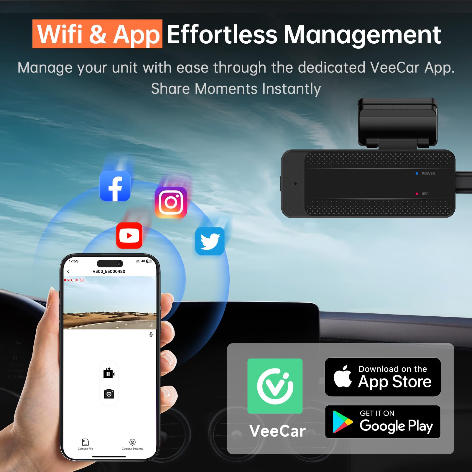 Dash Cam, 1296P Front Dashcam, Veement V300 WiFi Dash Camera for Cars with App, Night Vision, Mini Hidden Single Car Camera, Loop Recording, 24H Parking Mode, Support 256GB Max, Black