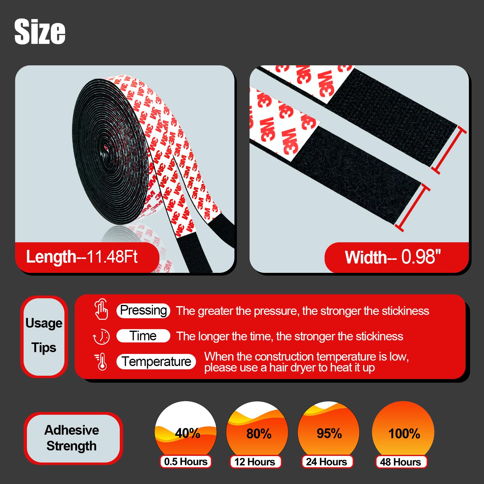 PHIXBEAR Heavy Duty Hook and Loop Tape Rolls with Adhesive, Made of 3M, Can Prevent Couch Pads, Curtains from Sliding, Suitable for Hanging Pictures Indoor and Outdoor. Black 0.98'' x 11.48Ft