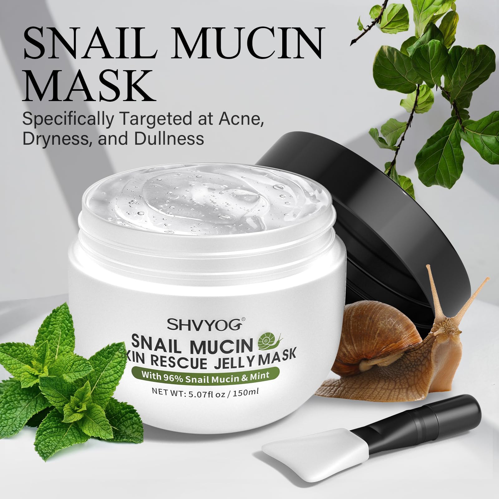 SHVYOG Snail Mucin Mask, Snail Rescue Jelly Face Mask, Snail Mask Hydrating Face Mask with 96% Snail Mucin & Mint Extract, Improving Skin for Blemishes and Dullness