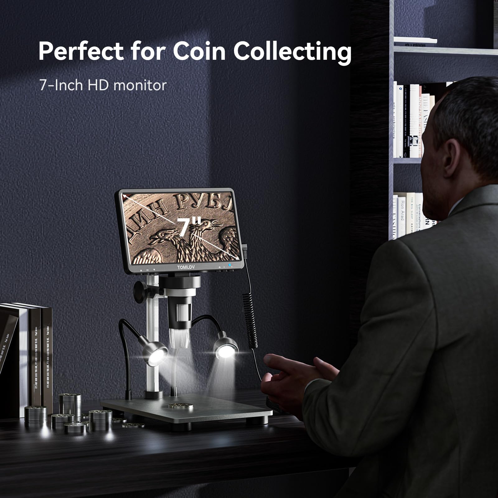 TOMLOV DM9 7" Digital Microscope: 1080P 1200X Coin Microscope Magnifier, 12MP Ultra-Precise Focusing LCD Soldering Microscopes for Adults, PC View, 32GB