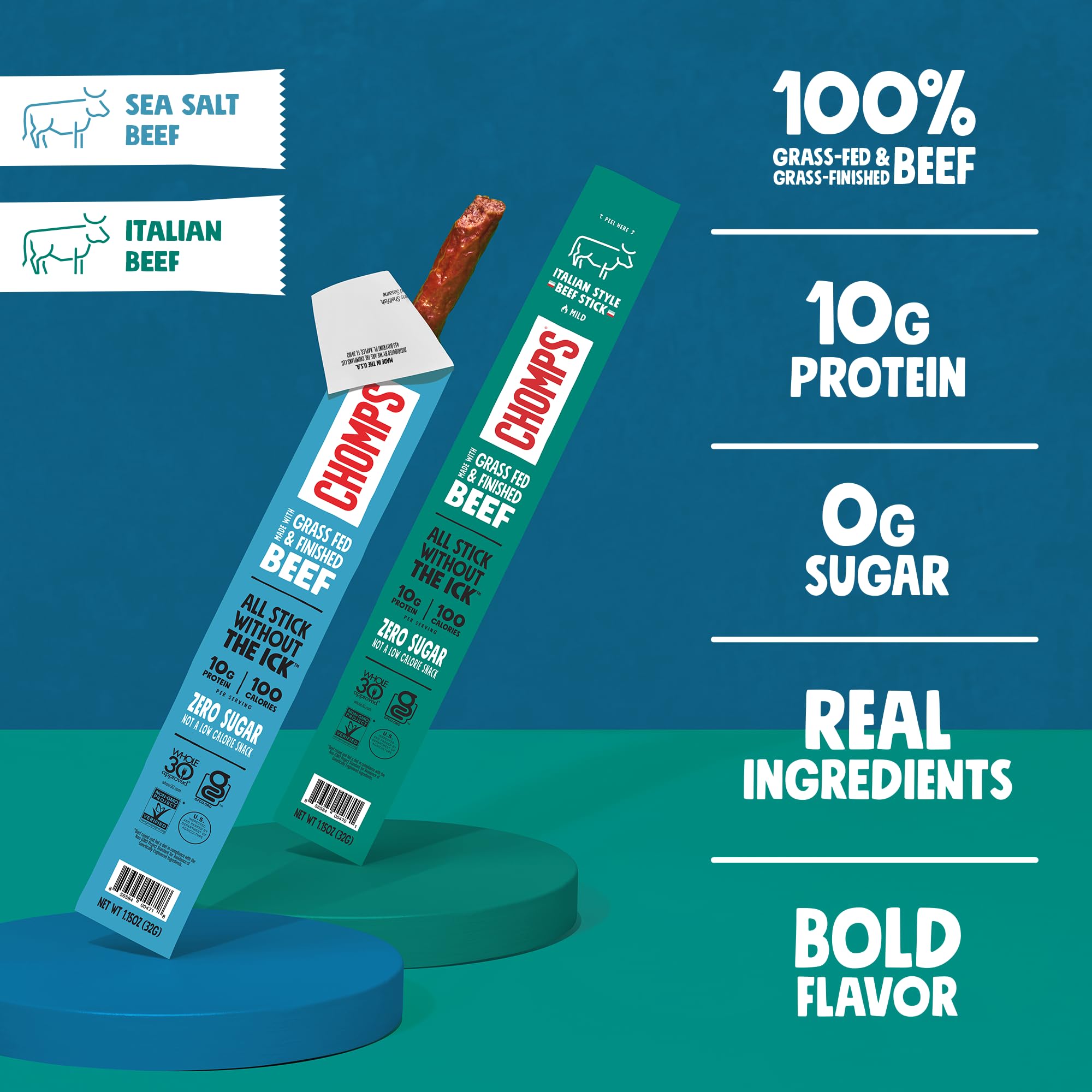 CHOMPS AIP Mild Beef Jerky Snack Sticks 10 Pack, 5 Sea Salt, 5 Italian Style - Whole30, Paleo, Gluten Free, Sugar Free, Nitrate Free