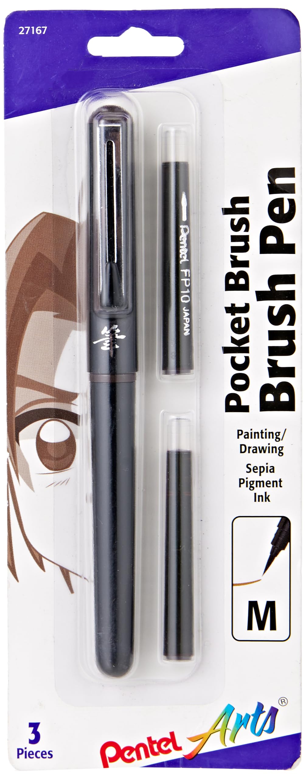 Pentel Arts Pocket Brush Pigment Ink Pen w/Refills - (1) Pocket Brush Pen, (2) Pigment Ink Refills - Sepia (GFKP3BPSP), Black