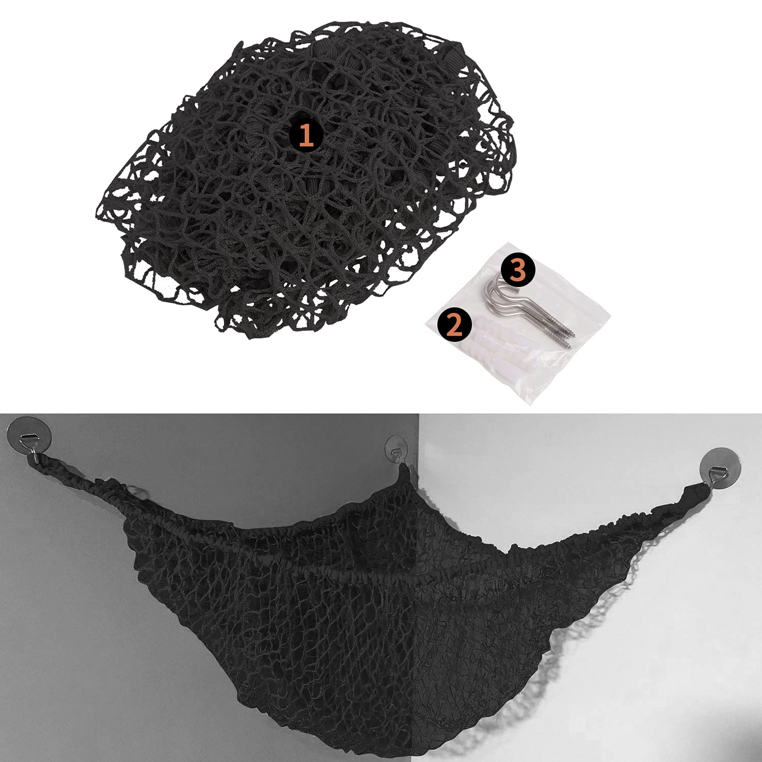 Stuffed Animal Hammock, Toy Hammock Storage Net, LXUNYI Mesh Toy Net Holder Jumbo Wall Corner Giant Baby Kids Children Stuff animals Hammocks Net Organizer for Bedroom (Black, 84 inch)