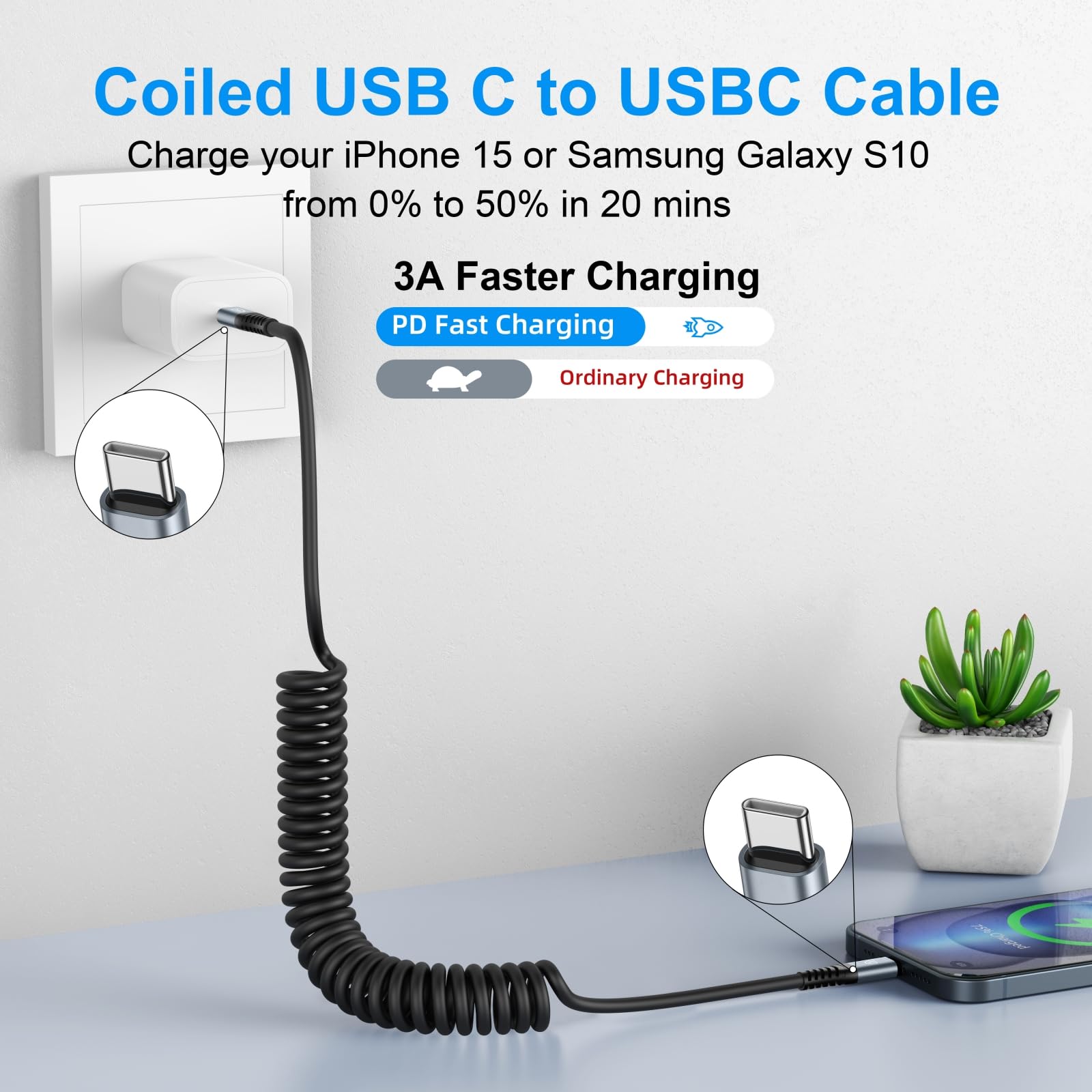 USB C to USB C Cable 3ft 2Pack Coiled USB C Charger Cable for Car Type C Fast Charging Cable for iPhone 16/15/Plus/Pro/Pro Max/Samsung Galaxy S23